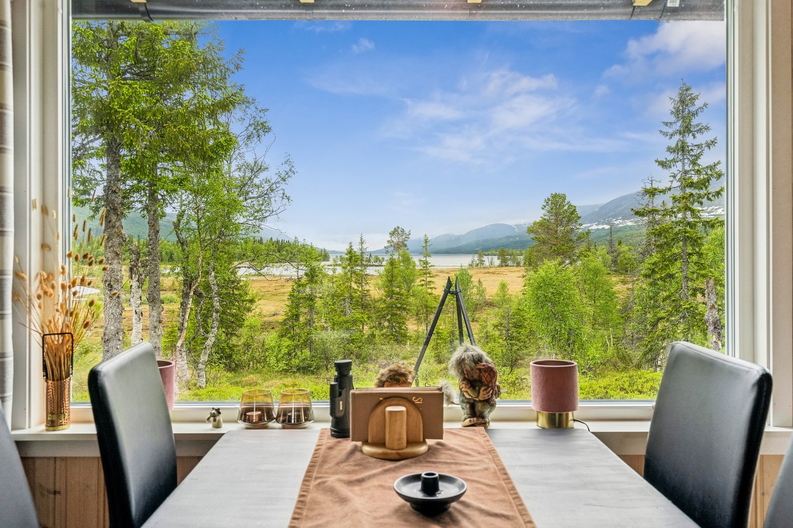 Fra hytta har du utsikt mot Fiplingvatnet og Bæråsen. Vinduene på denne siden av hytta er nylig byttet. Galleribilde