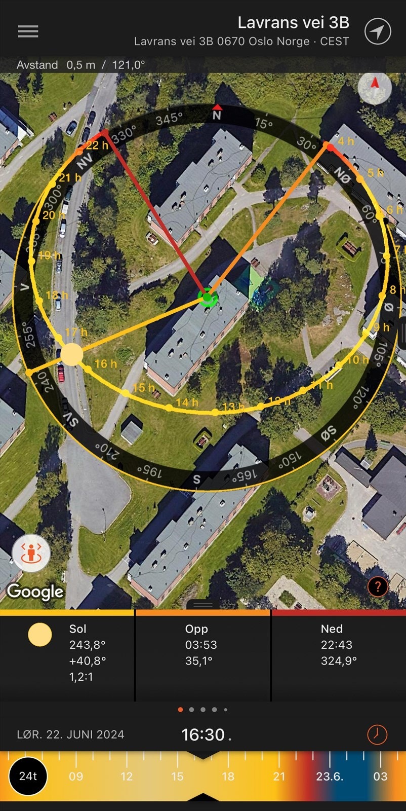 Solkart som viser når sola kommer inn på balkongen. Galleribilde