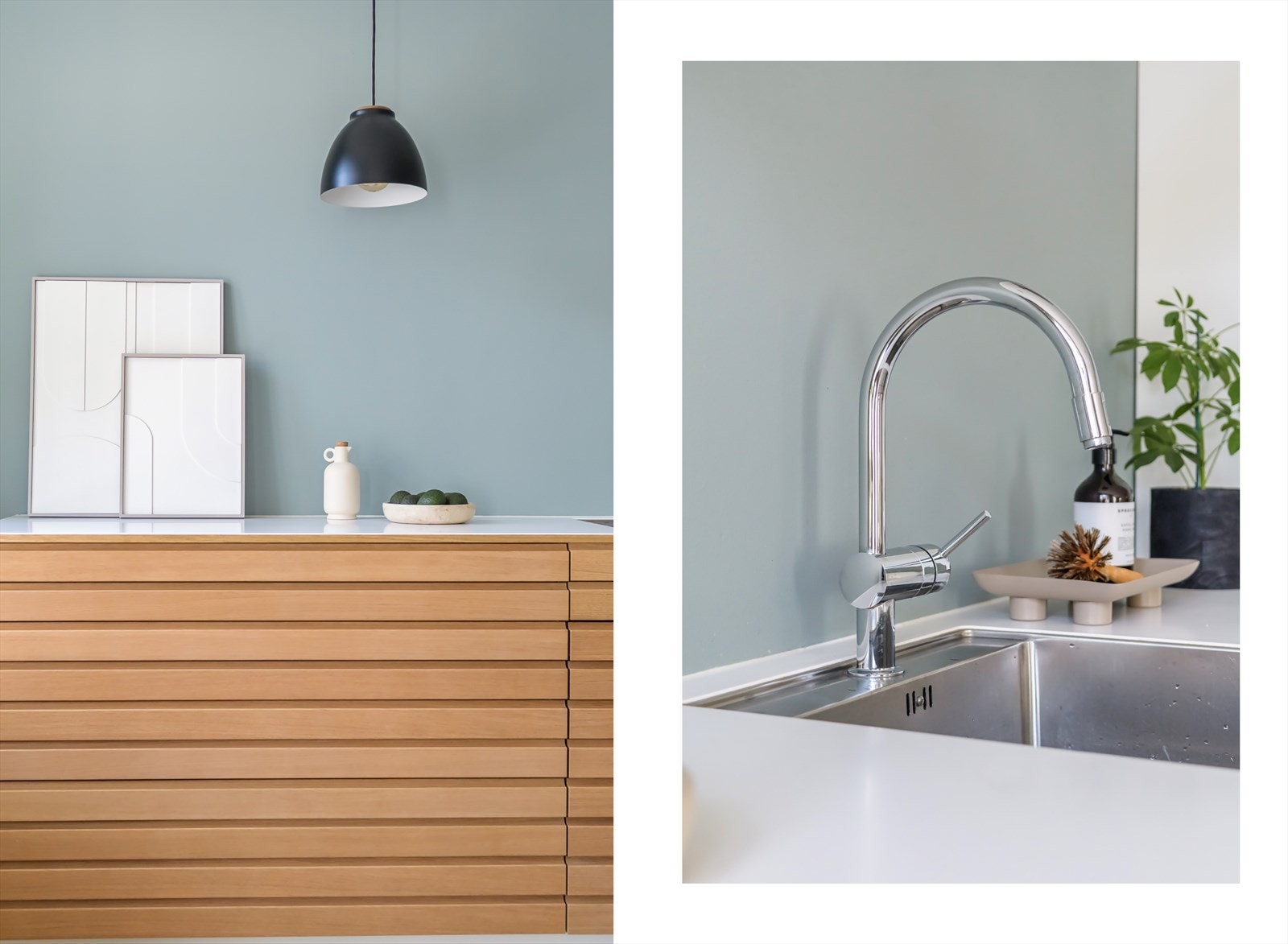 Kjøkkenet med sine varierte men samtidig avstemte materialer gjør innredningen til et pent blikkfang i den åpne løsningen Galleribilde