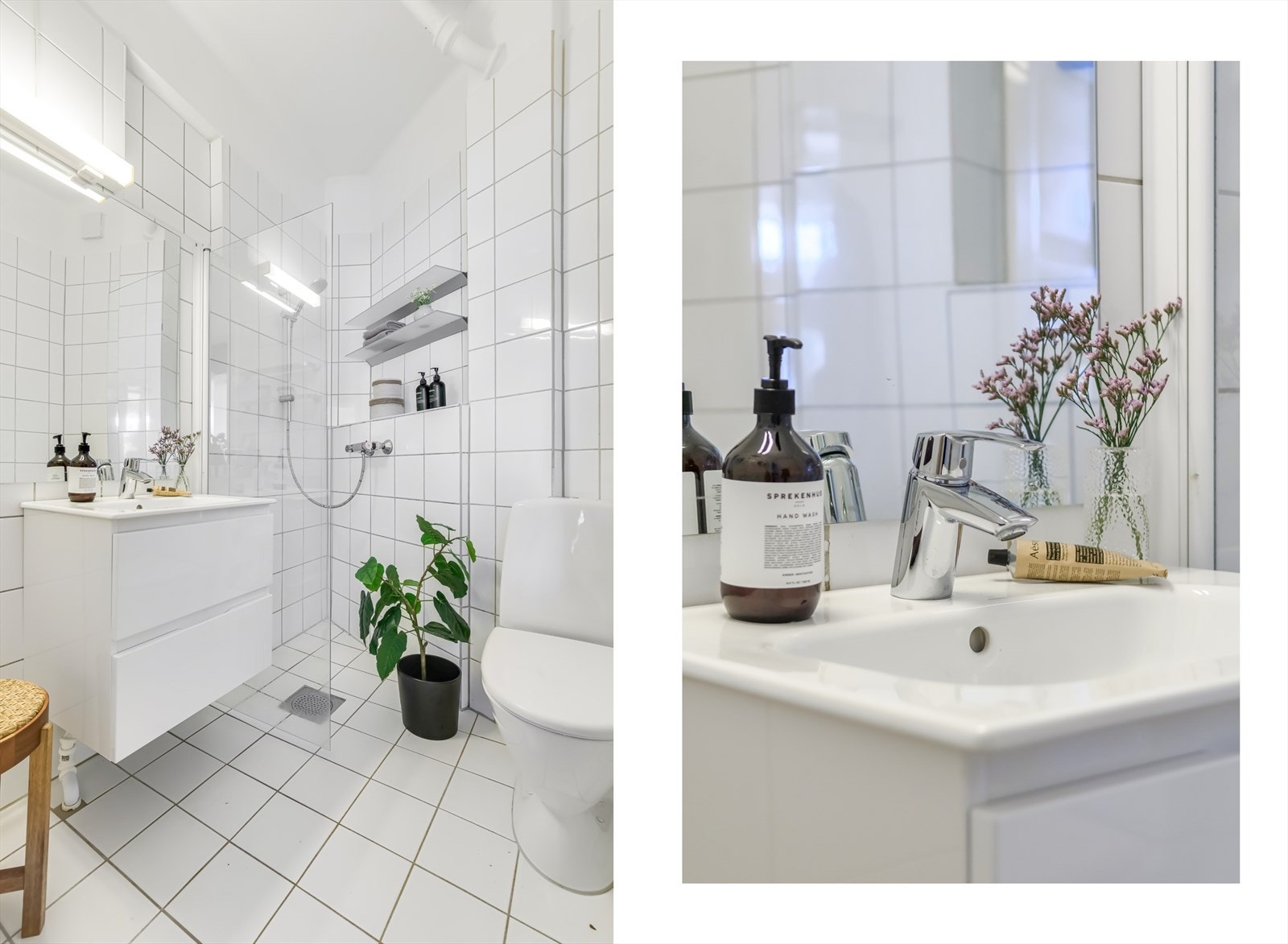 Innredningen består av servant i skuffeseksjon for oppbevaring, gulvmontert toalett og dusjhjørne. Det er satt inn ny servant fra 2023 Galleribilde