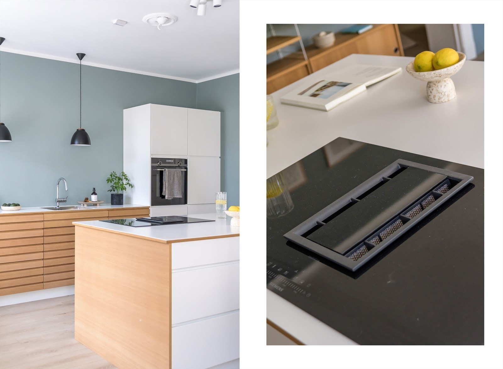 Innredningen har slette og spilefronter med benkeplate av laminat. Det er installert integrerte hvitevarer som kjøl-/fryseskap, oppvaskmaskin, stekeovn og koketopp. Galleribilde