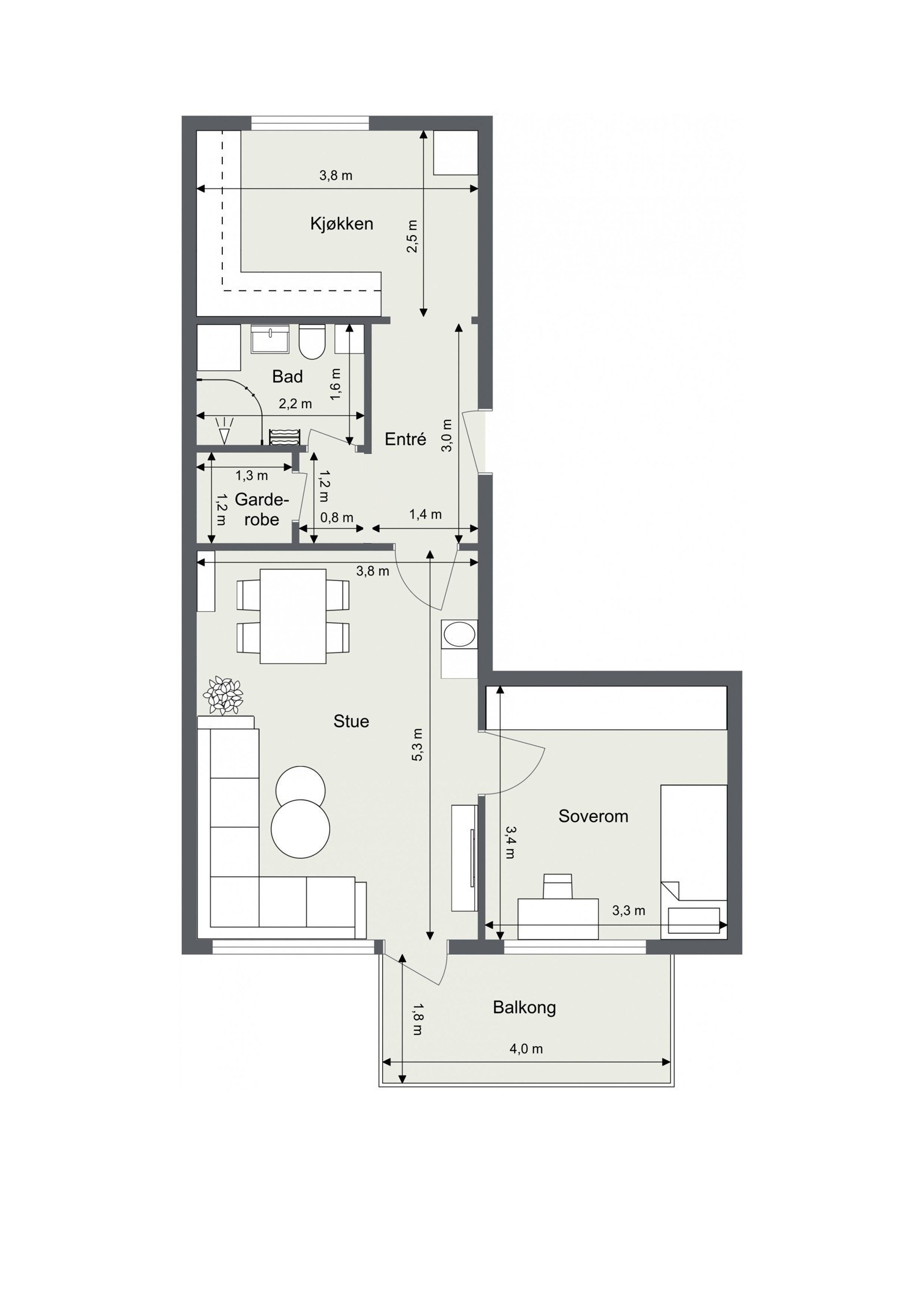 Planskisse. Utover overnevnte areal disponerer leiligheten 2 kjellerboder på hhv. 2,1 og 2,3 m² og en loftsbod med gulvareal på 7,4 m². Galleribilde