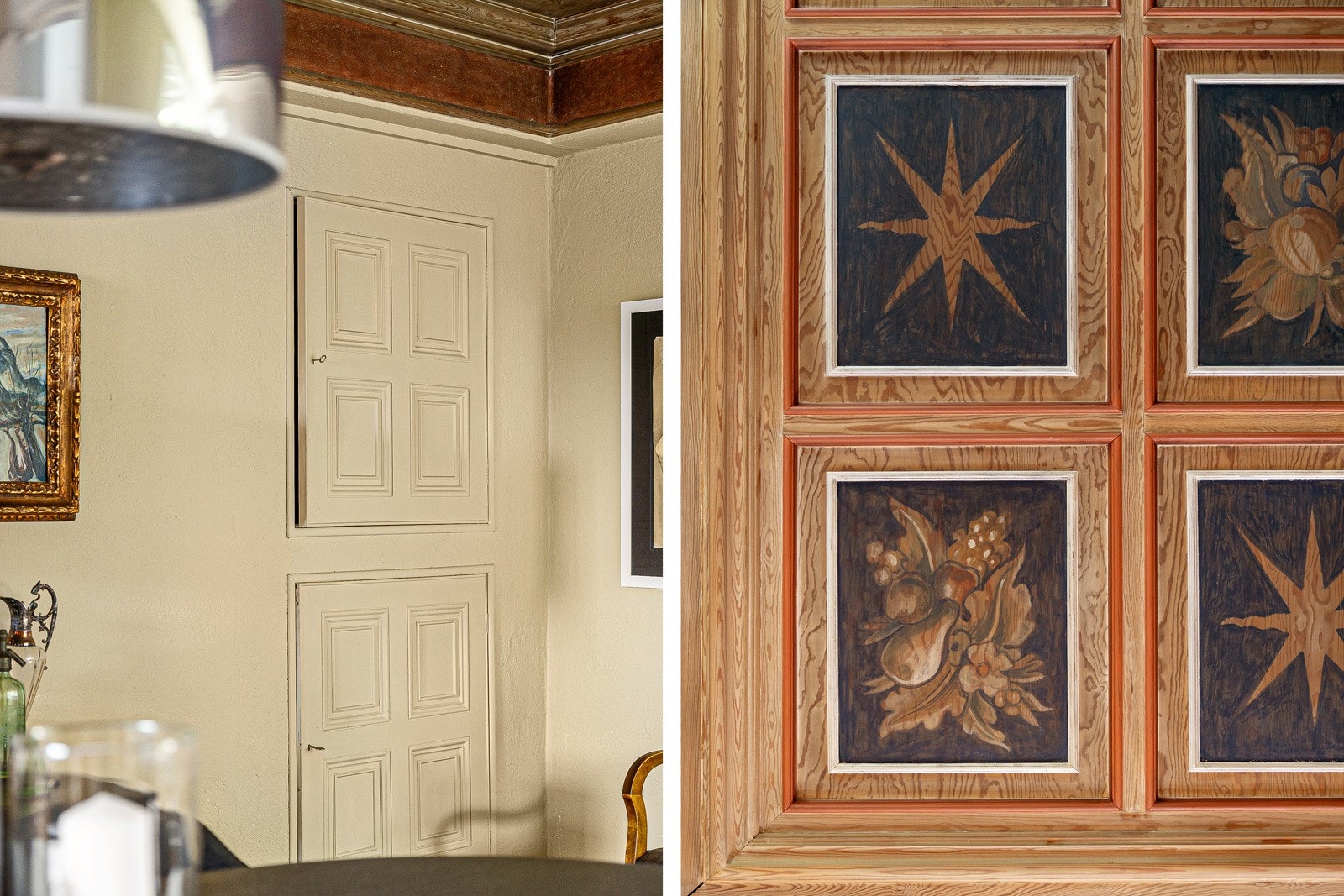 Slående himling dekorert av kunstmaler Sjaamo og originale detaljer i leiligheten. Galleribilde