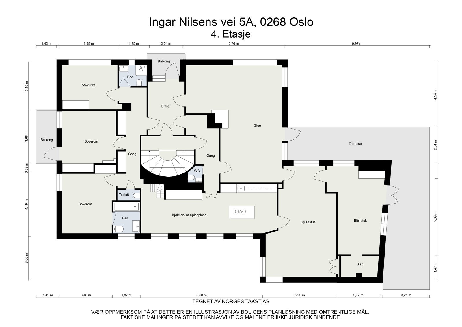 Innholdsrik planløsning. Trapp fra kjøkkenet opp til loft med gulvareal på ca. 180 kvm (skråtak/lav takhøyde). Galleribilde