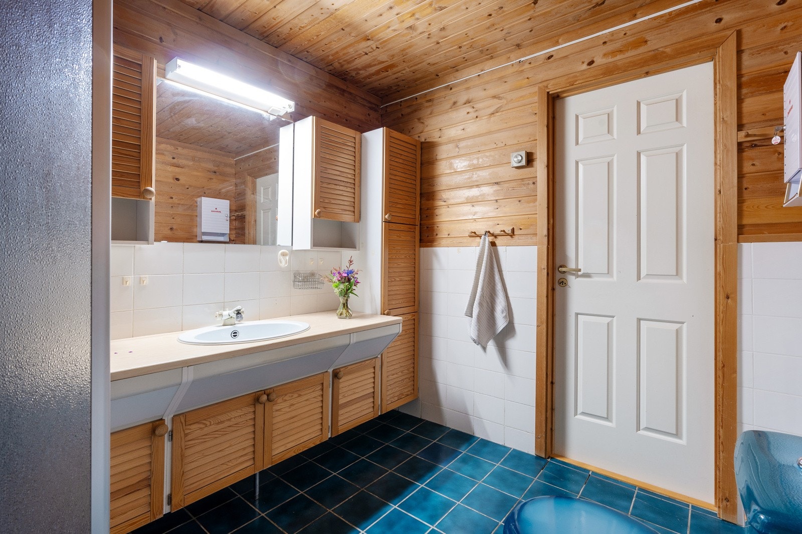 Badet er utstyrt med dusjkabinett og baderominnredning med oppbevaringsplass. Galleribilde