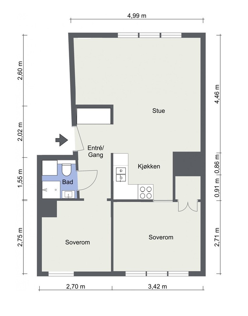 Alternativ plantegning nr. 1 med 2 soverom. Kjøper må selv vurdere og undersøke mulighetene og kostnaden for dette. Ved en slik løsning vil man mest sannsynlig måtte bruke en pumpe. Galleribilde
