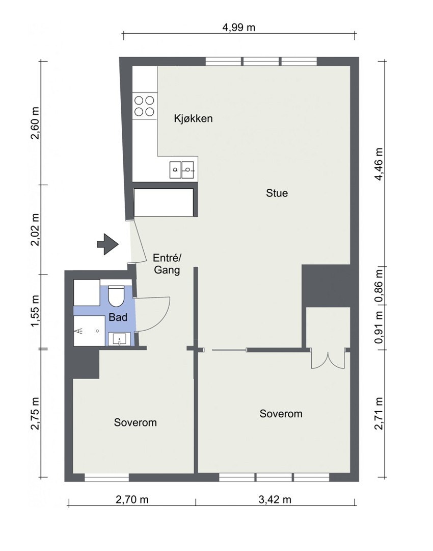Alternativ plantegning nr. 2 med 2 soverom. Kjøper må selv vurdere og undersøke mulighetene og kostnaden for dette. Ved en slik løsning vil man mest sannsynlig måtte bruke en pumpe. Galleribilde