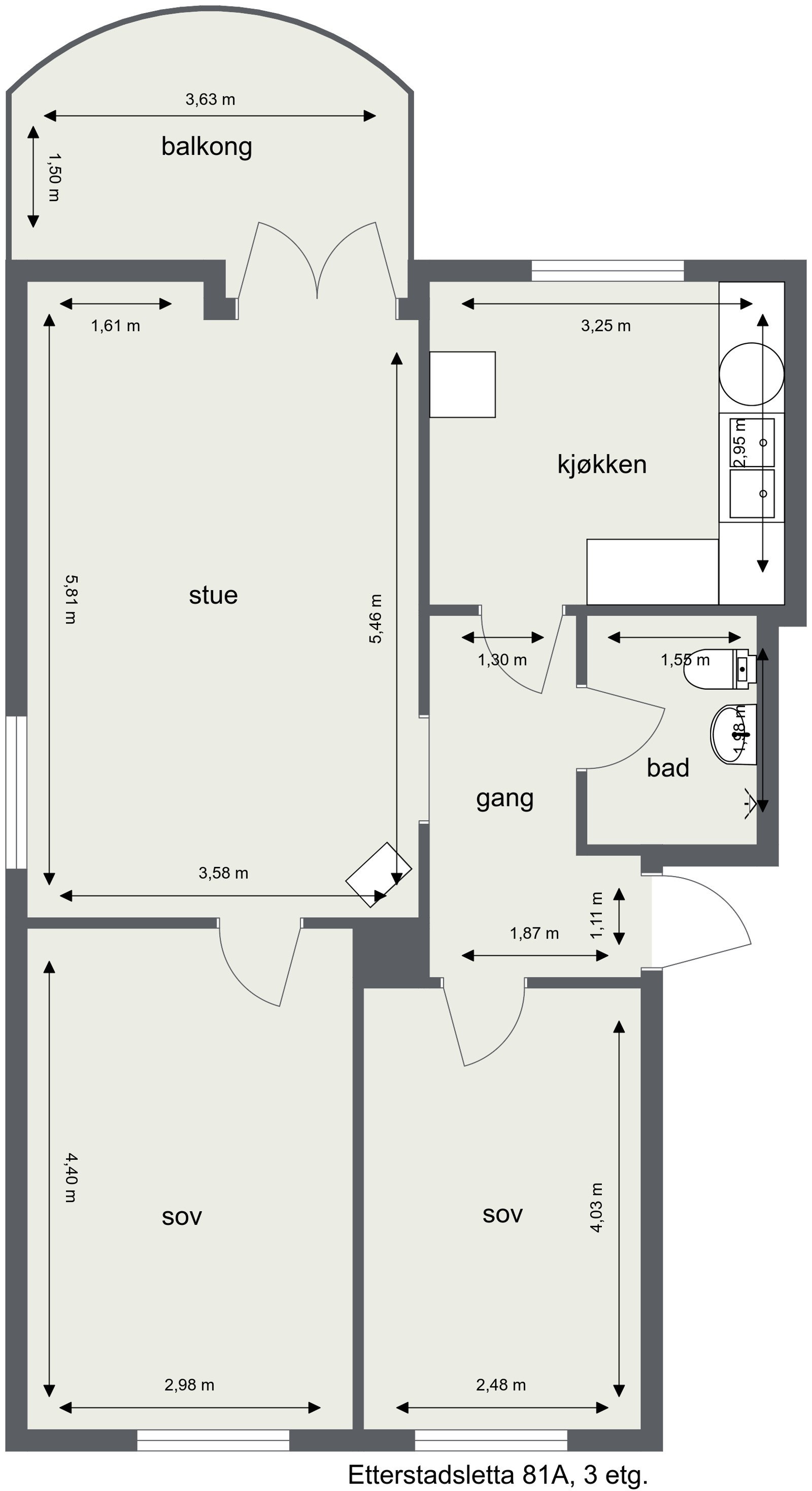 Plantegning. Leiligheten disponerer i tillegg 2 kjellerboder og en loftsbod. Galleribilde