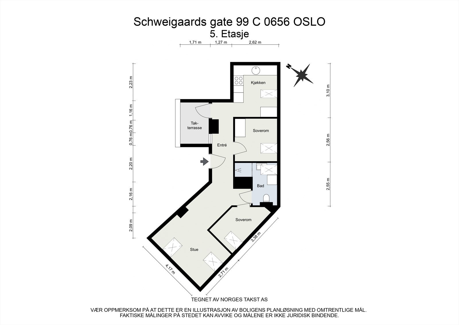 Før du fortsetter, ta en titt på planskissen slik at du får orientert deg litt i den fine leiligheten. I tillegg disponerer boligen en kjellerbod på 4,4m². Galleribilde