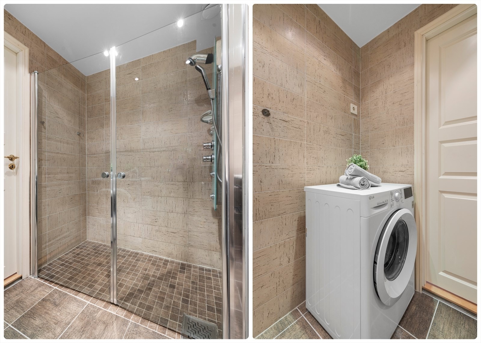 Badet er innredet med dusj på gulv med dører i herdet glass og det er opplegg for vaskemaskin. Galleribilde