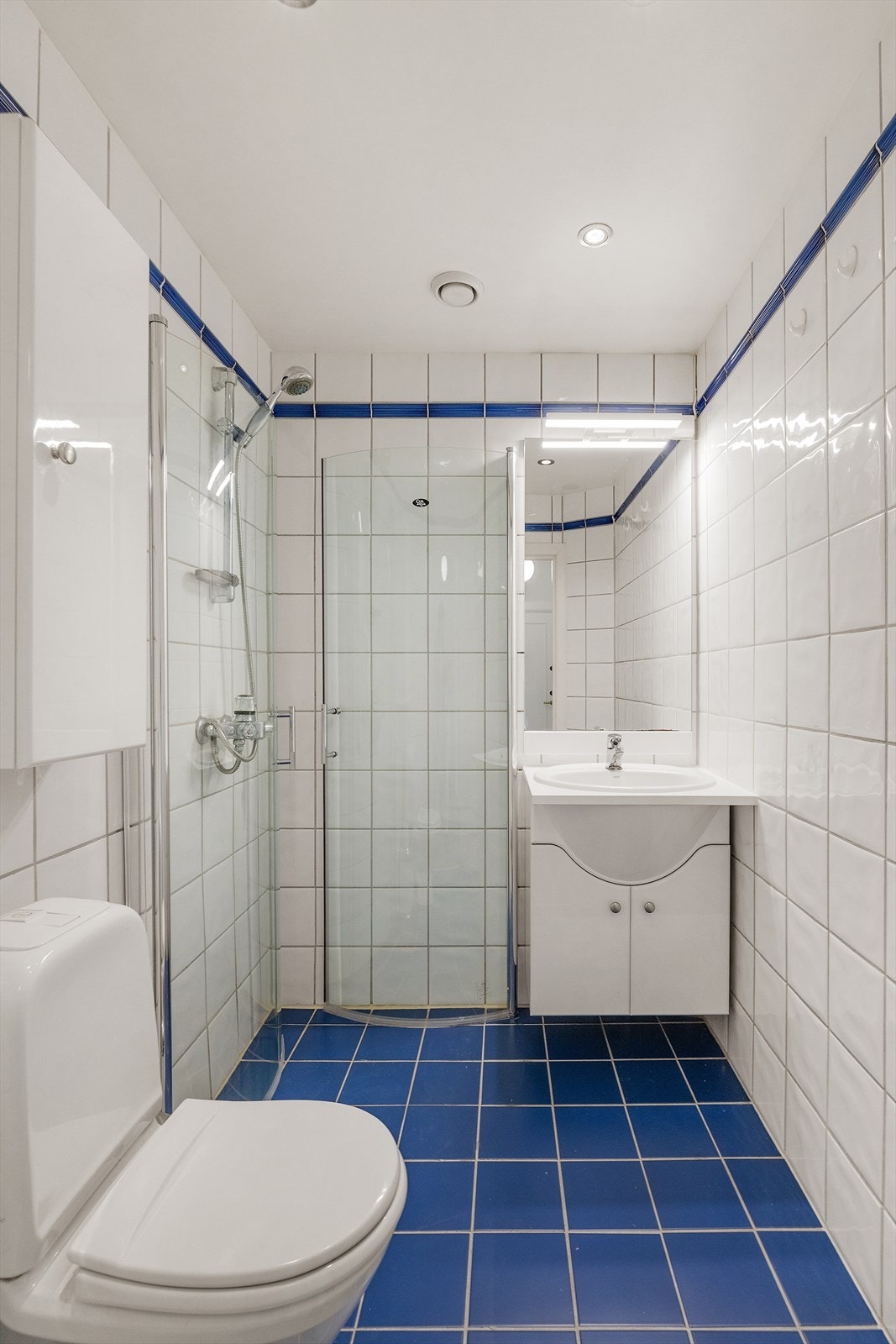 Dusj med dusjvegger, servant med underskap og speil over og klosett Galleribilde