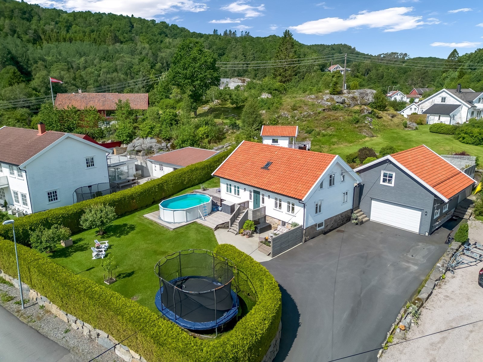 Tomten er pent opparbeidet med asfaltert tun, plenlagte områder, beplantning og flere fine uteplasser. Galleribilde