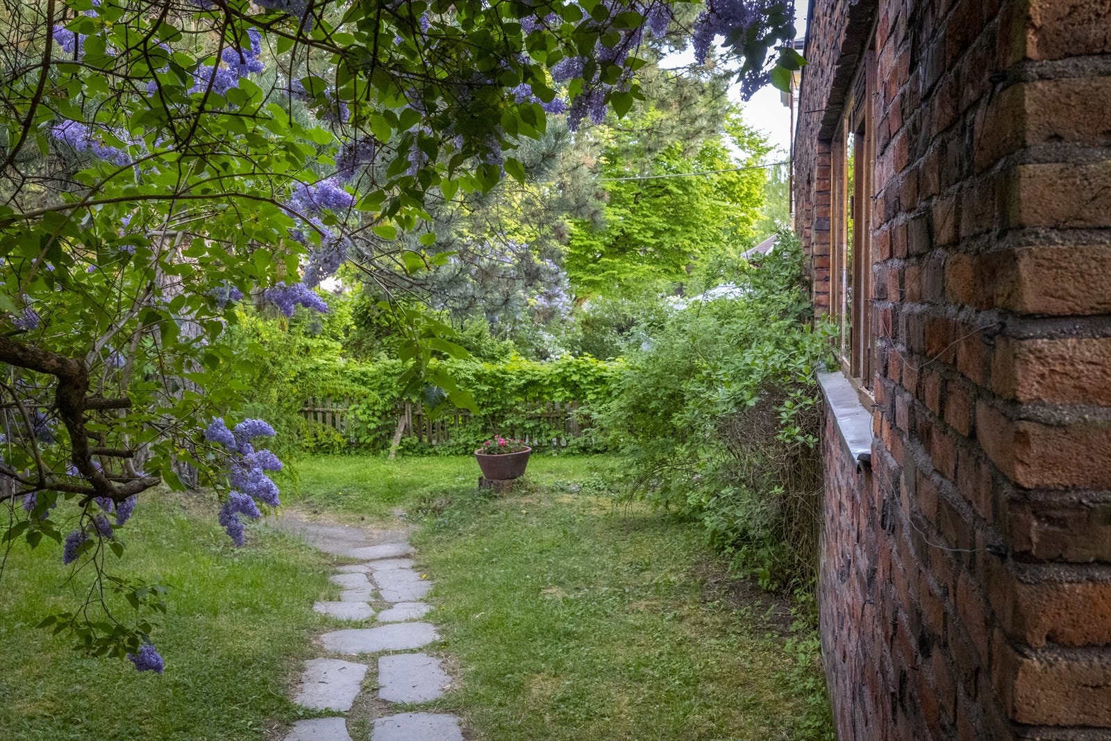 Hagen er pent, parkmessig opparbeidet med flotte prydbusker, hellelagte internveier, trær og gressplen. Galleribilde