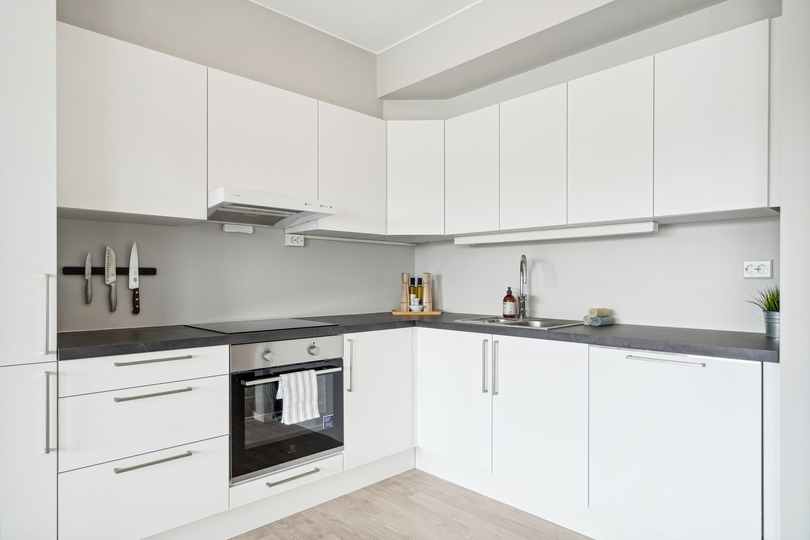 Kjøkkenet er utstyrt med integrert platetopp, stekovn, oppvaskmaskin og kjøl/fryseskap. Galleribilde