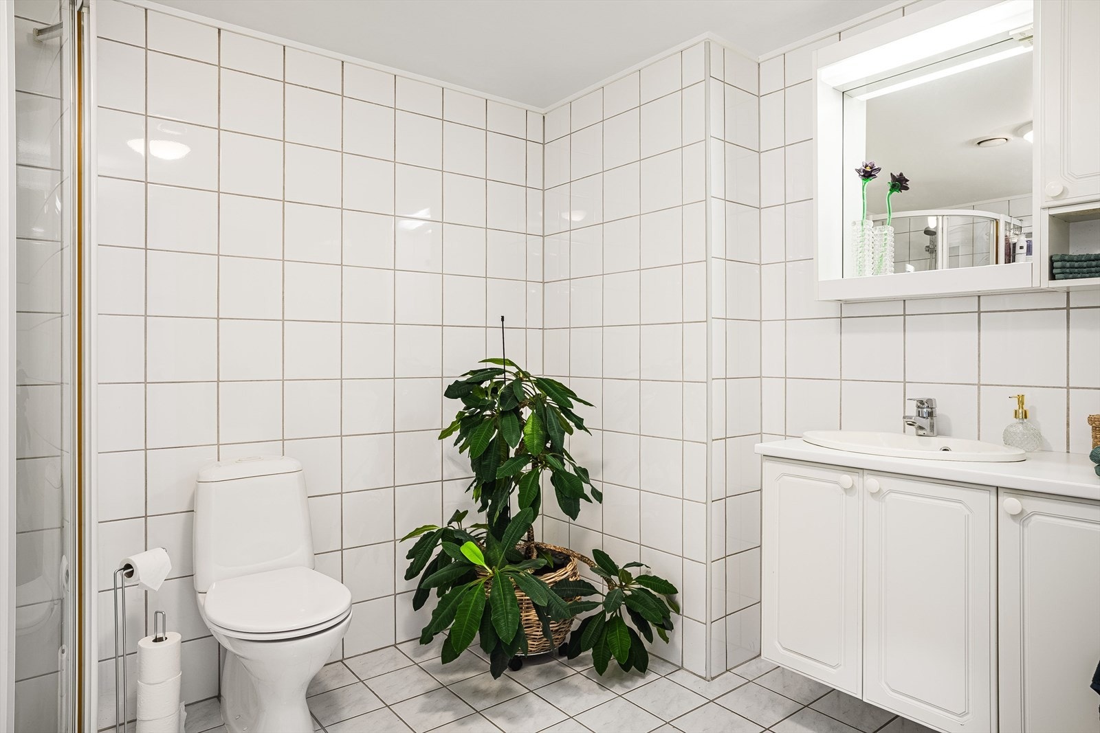 Badet er utstyrt med baderomsinnredning med undersskap og benkeplate med servant med ett-greps blandebatteri. I overkant av servanten er det veggskap og speil med lys og elektrisk uttak. Galleribilde