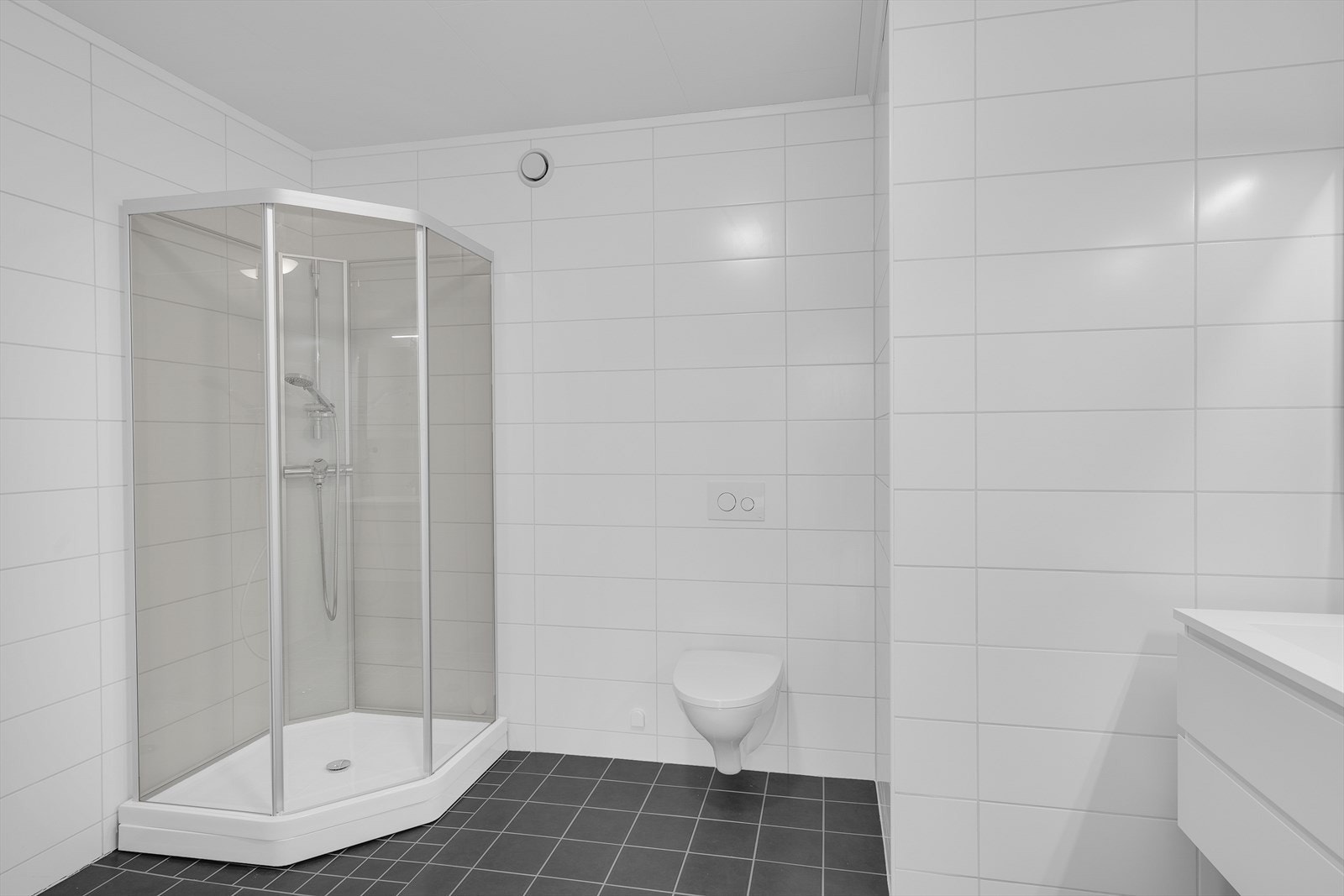 Badet ved soverommet er det montert vegghengt toalett med innebygget sisterne og et dusjkabinett. Galleribilde