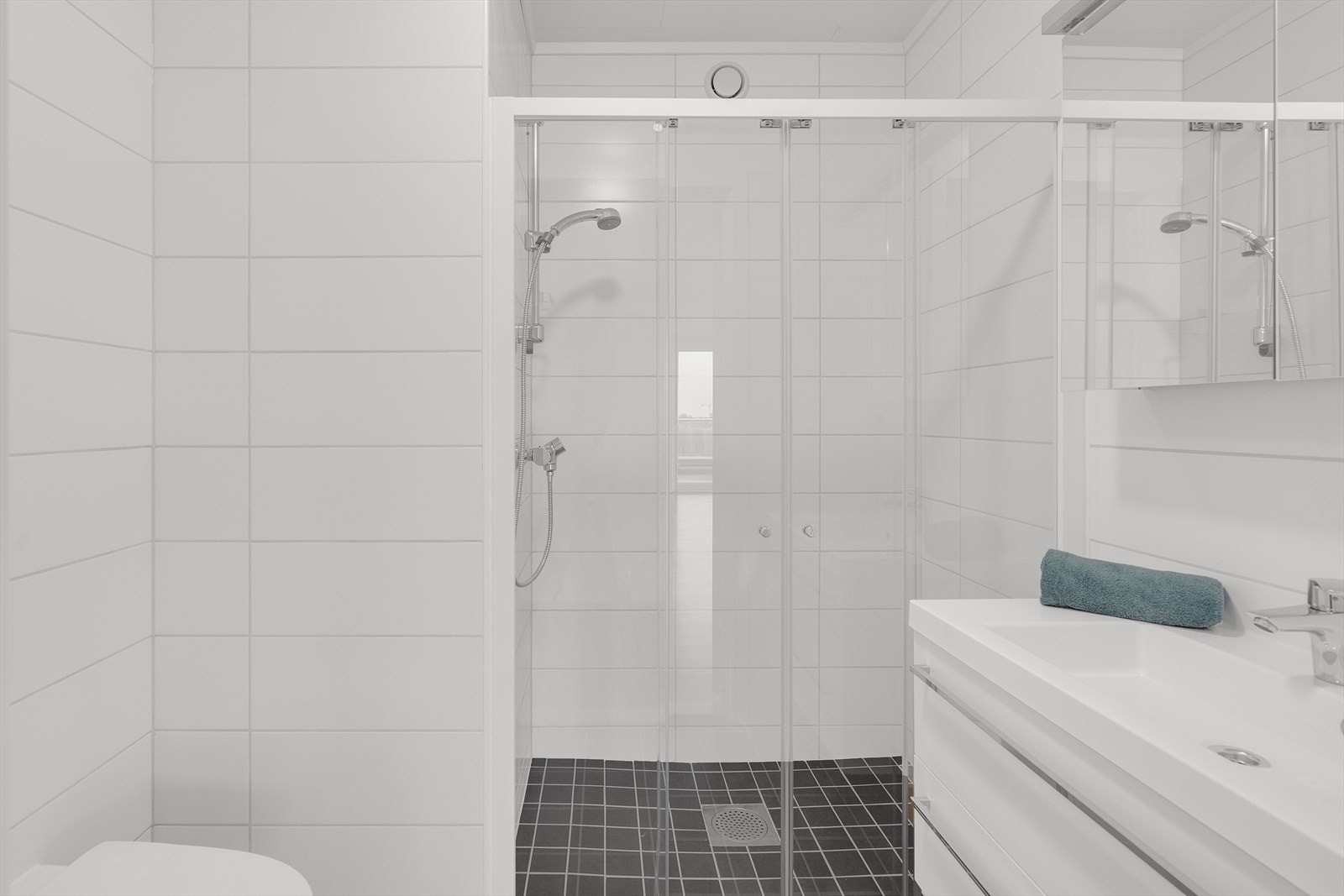 På badet ved gangen er det montert vegghengt toalett, en hvit baderomsinnredning med underskap og heldekkende servant, speilskap og belysning. Dusjnisje med glassvegger. Galleribilde