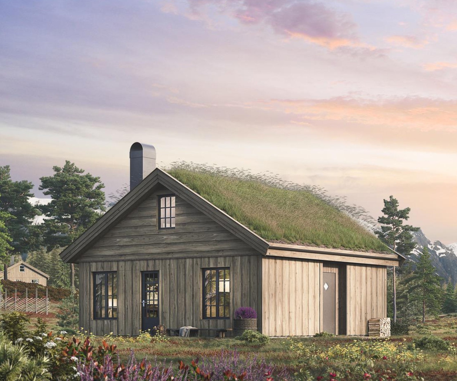 MER - en smart og kompakt hytte med hems! Det leveres med shingeltak i prosjektet.
Illustrasjonsbilde i tradisjon uttrykk Galleribilde
