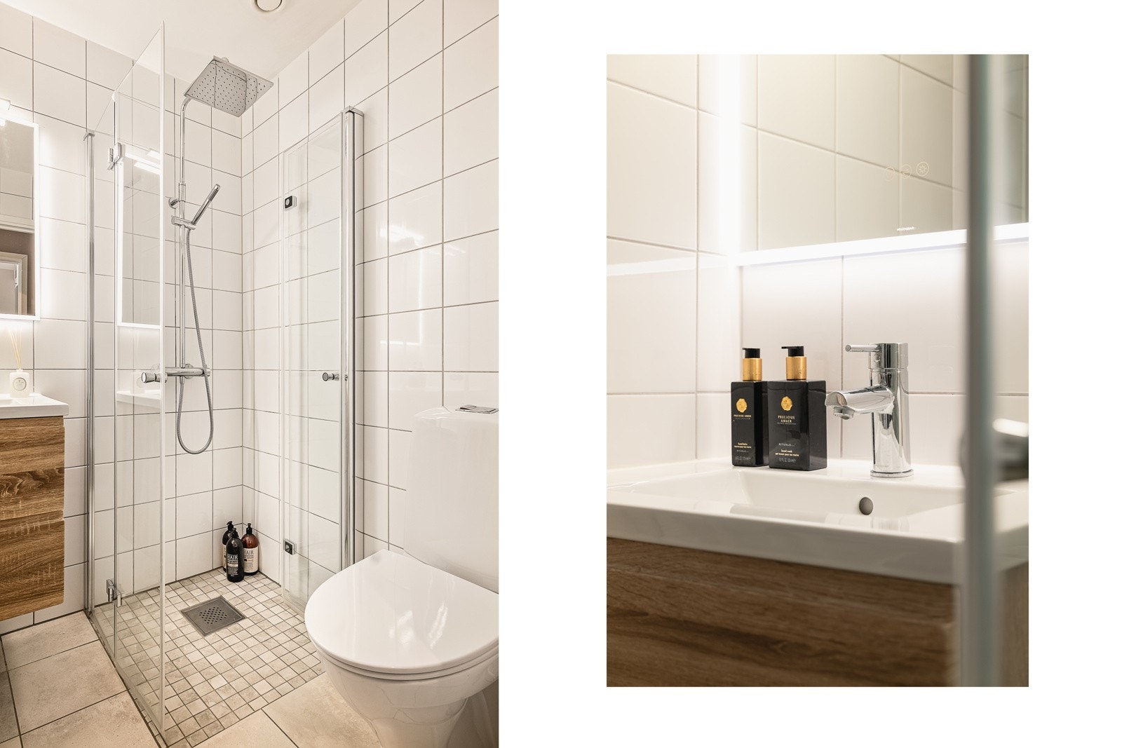 Badet er innredet med baderomsmøbel med slette fronter, heldekkende servant og ett-greps blandebatteri, speilskap med belysning, toalett og dusj. Galleribilde