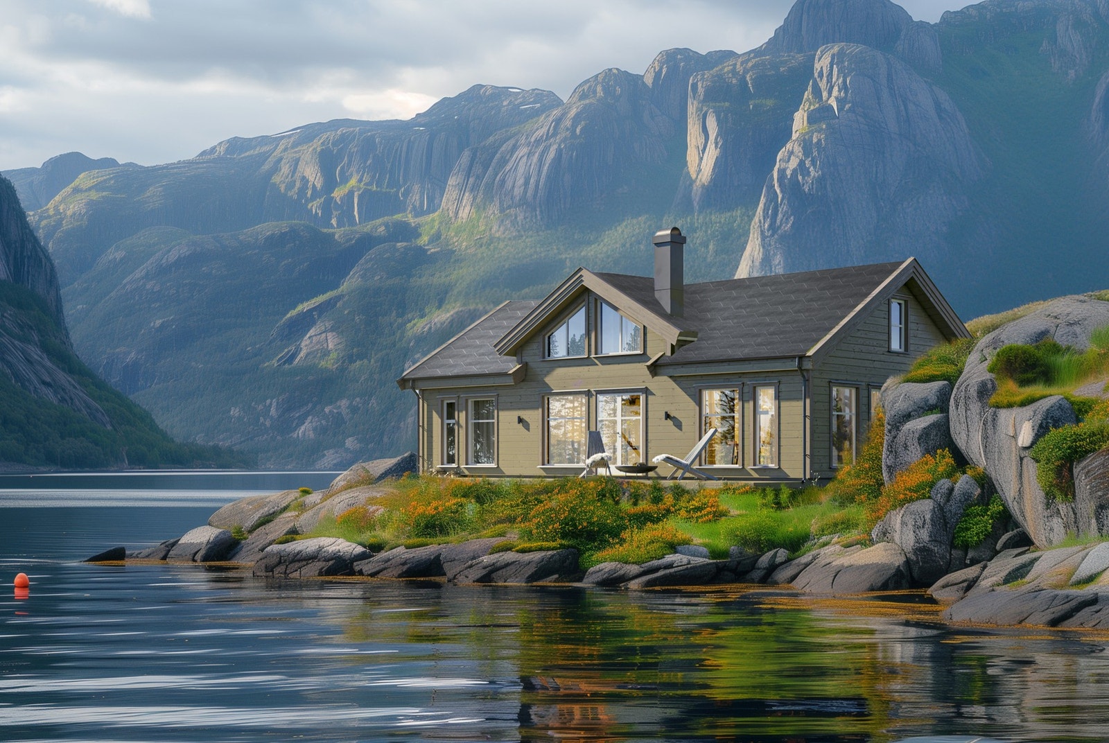 Hyttemodell Lofoten 94 har panoramavinduer som slipper naturen og lyset inn. Bildet er en illustrasjon og i et annet miljø. Galleribilde