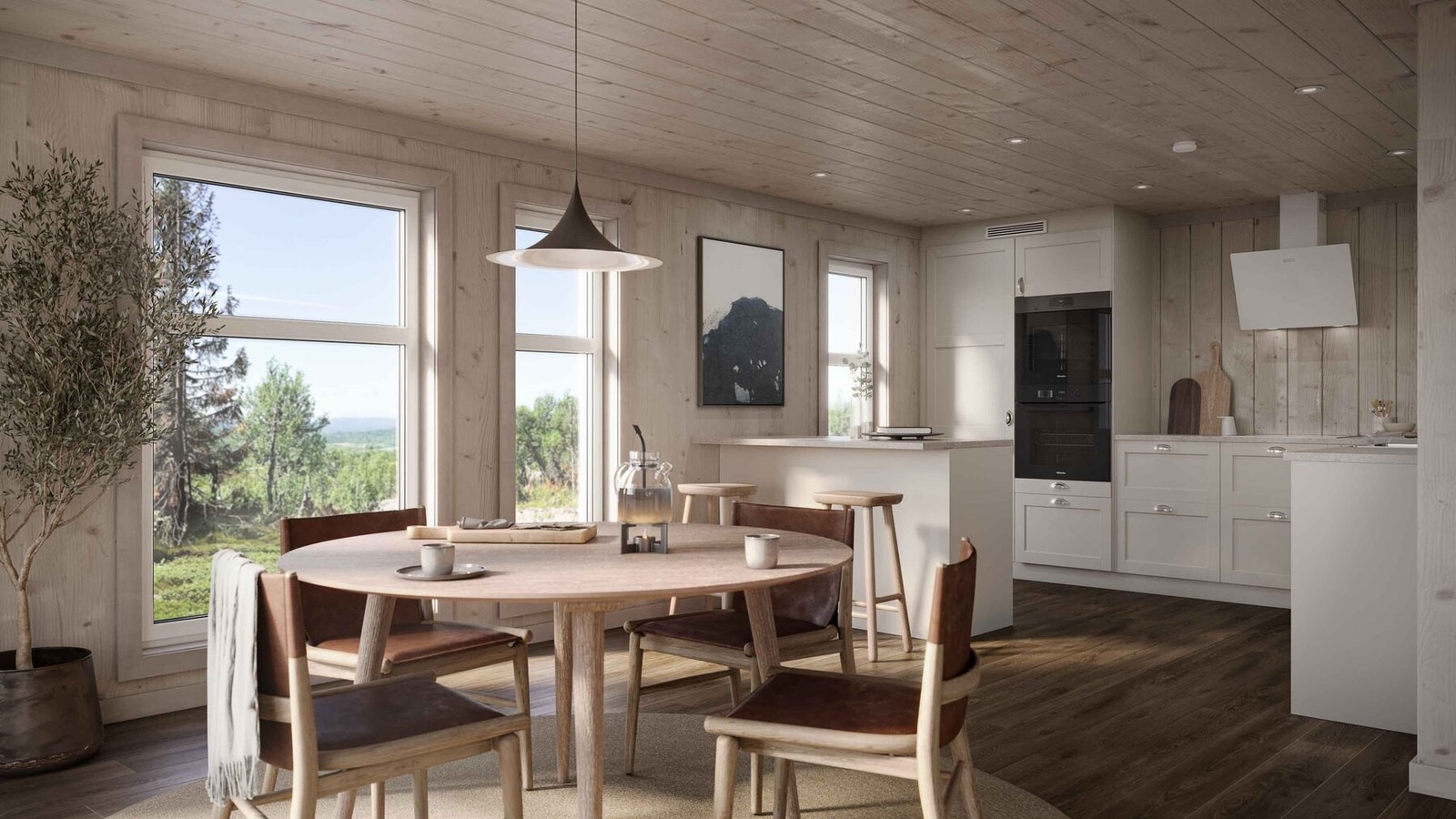 Koselig kjøkkenkrok med kjøkkenøy og spisestue. Kjøkkeninnredning medfølger. Illustrasjonsfoto. Galleribilde