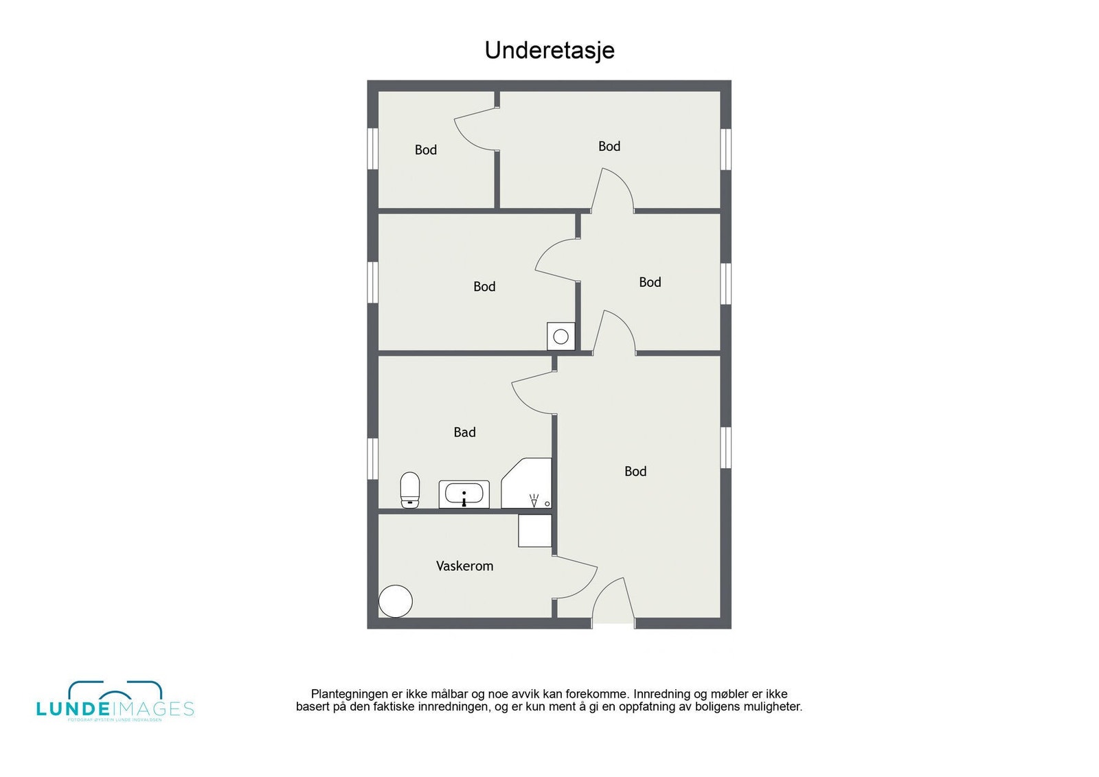 Plantegning hovedhus underetasje - ikke målbar - underetasjen har et BRA-i på 58 m² og består av bad, vaskerom og flere boder. Galleribilde