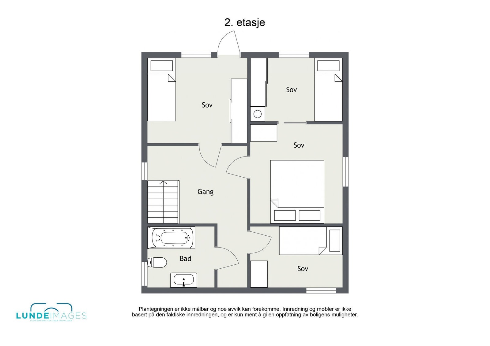 Plantegning hovedhus 2. etasje - ikke målbar - 2. etasje har et BRA-i på 49 m² og består av gang, fire soverom og et bad. Galleribilde