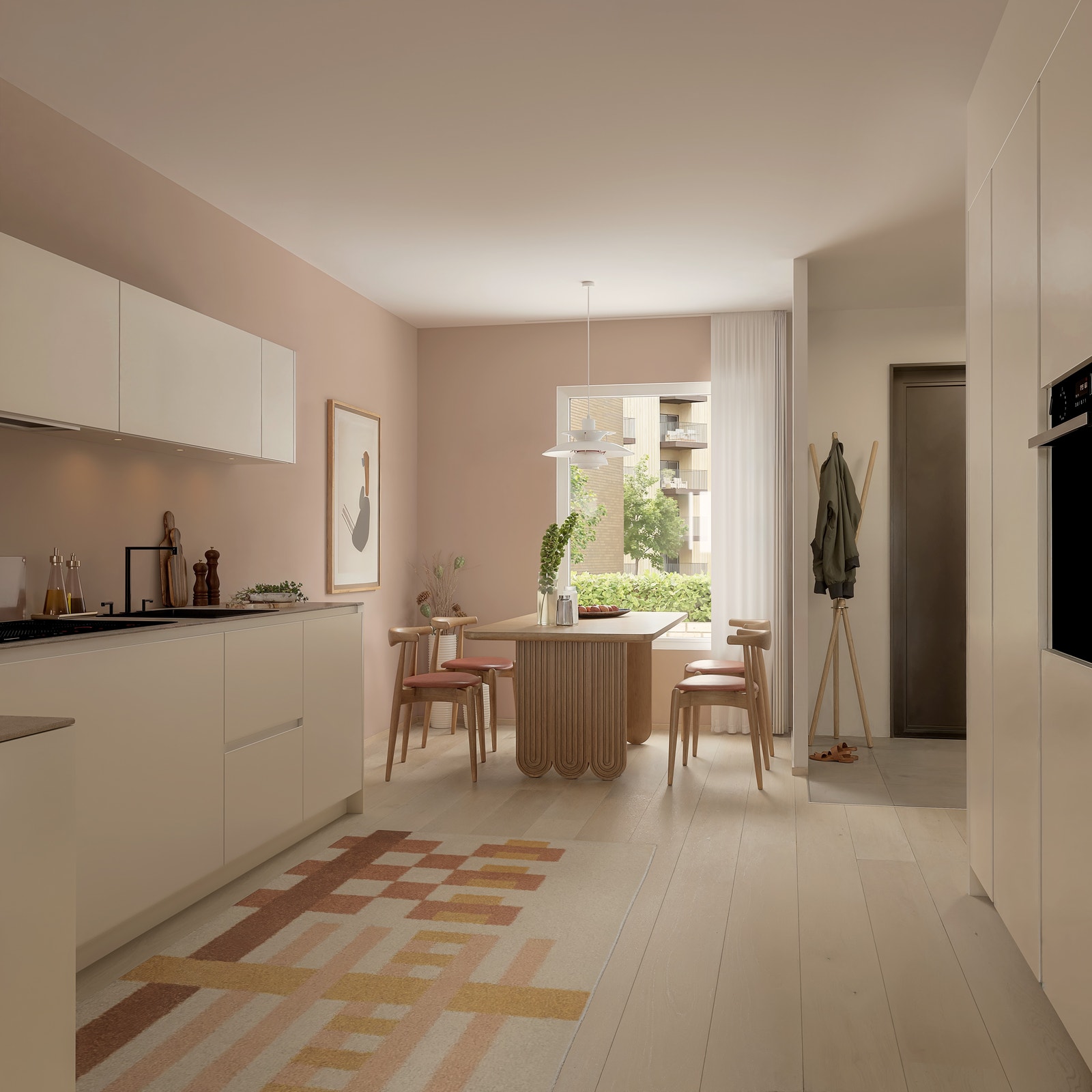 Kjøkken med hyggelig spiseplass med vindu inn mot tunet mellom byggene. Illustrasjon, avvik vil forekomme. Galleribilde