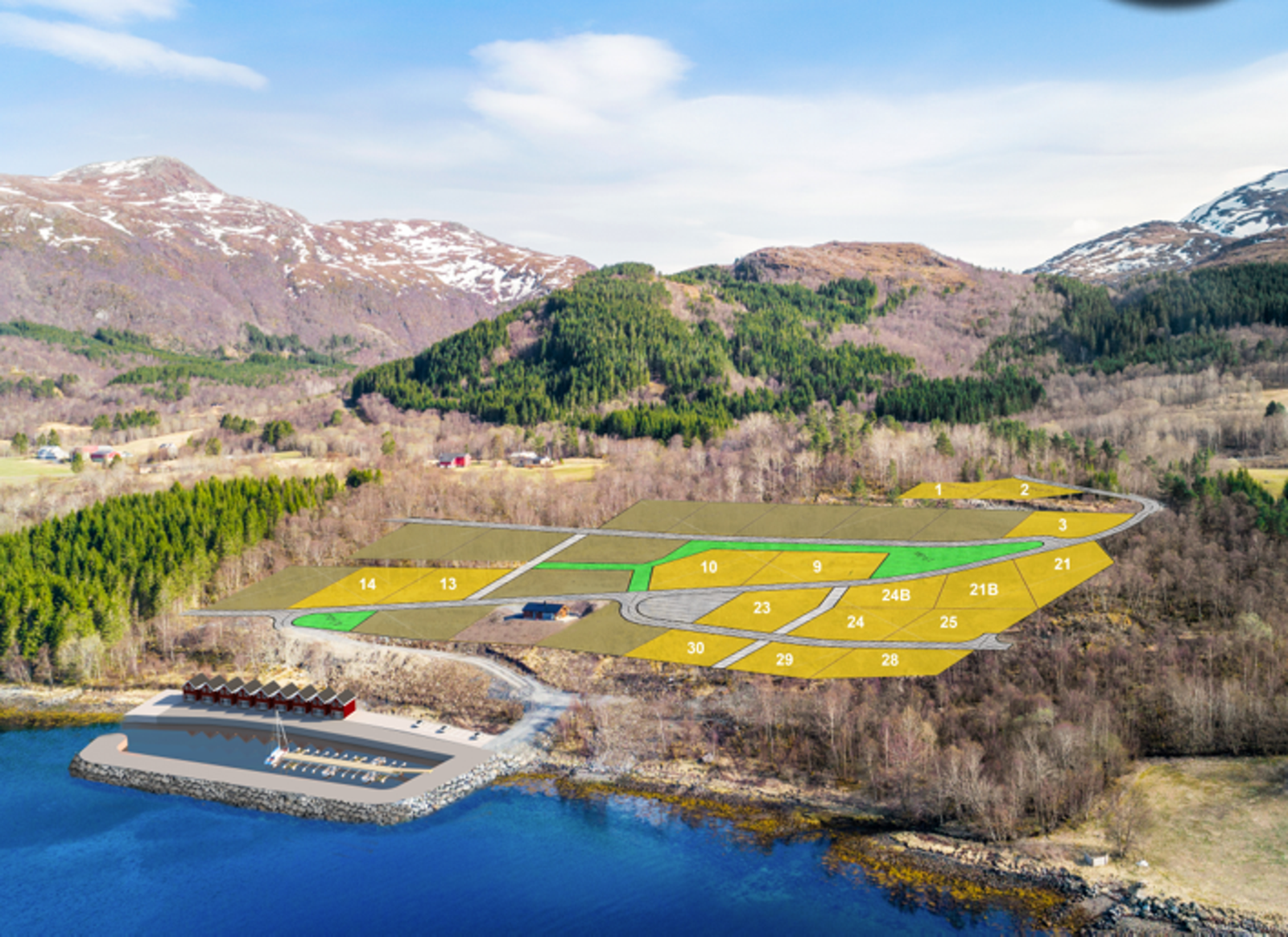 Situasjonskart tomter. Tomt 3 er priset i annonsen. Molo og båthavn blir opparbeidet. Galleribilde