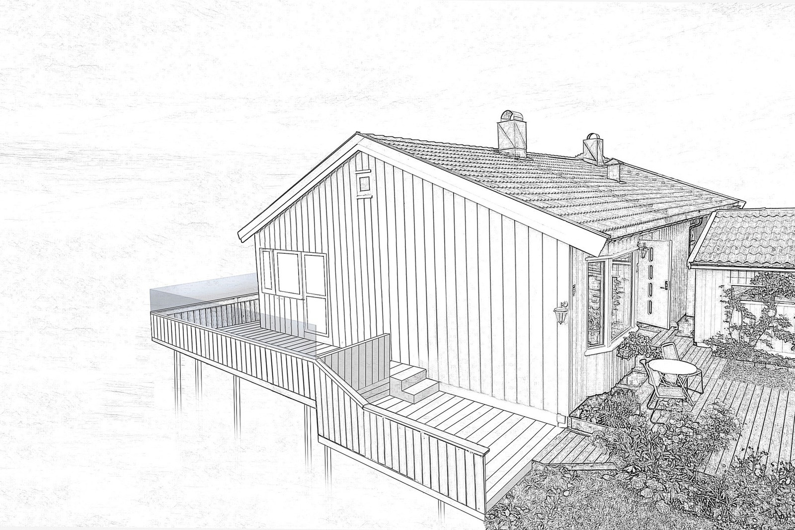 Nye Veier skal rive, fundamentere og bygge ny balkong/terrasse m/støyisolerende glass- og trerekkverk rett over sommeren (kun skisse, avvik kan forekomme). Galleribilde