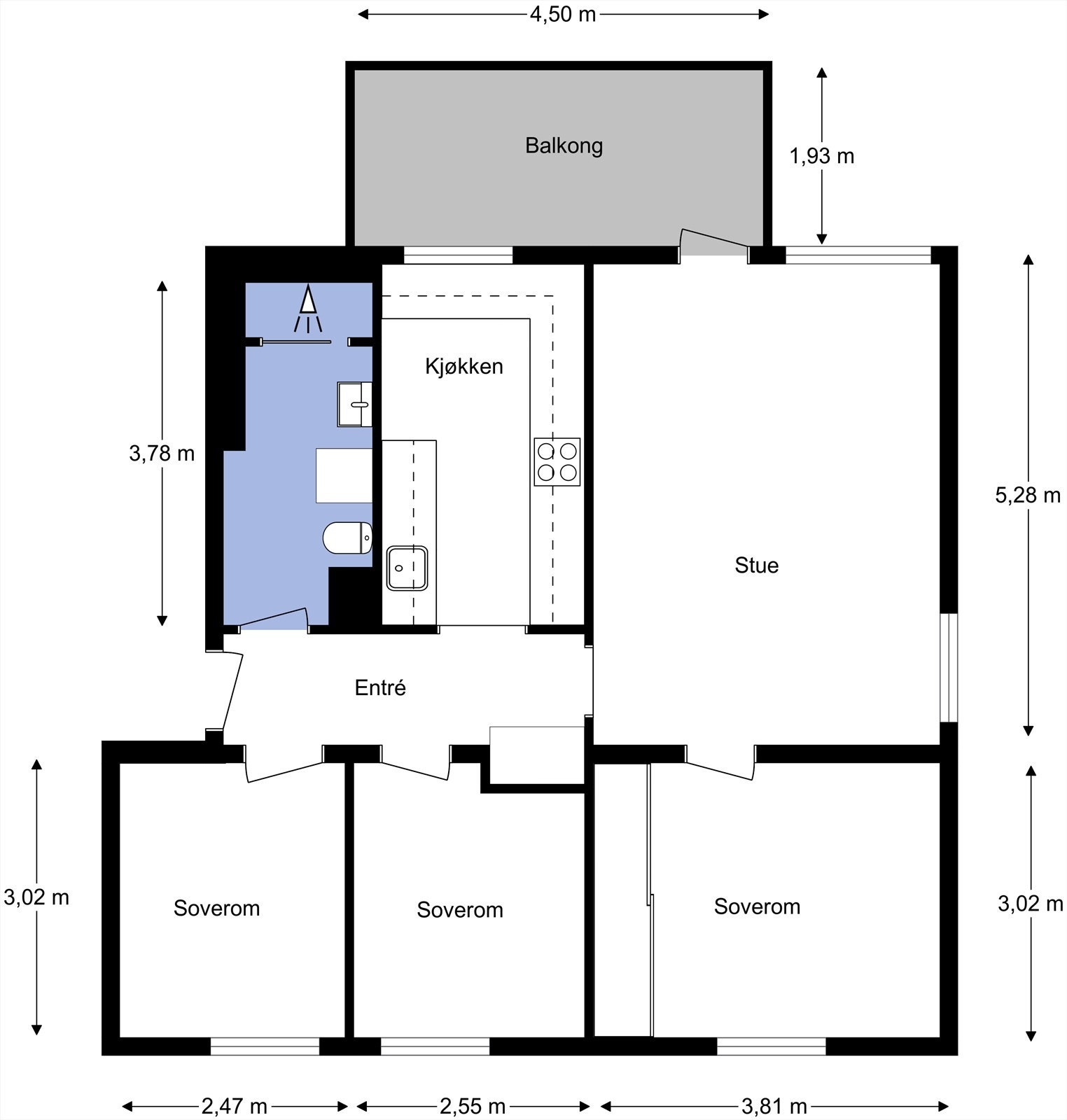 Dagens planløsning med mål. Har du spørsmål om boligen? Ta kontakt med megler idag! Galleribilde