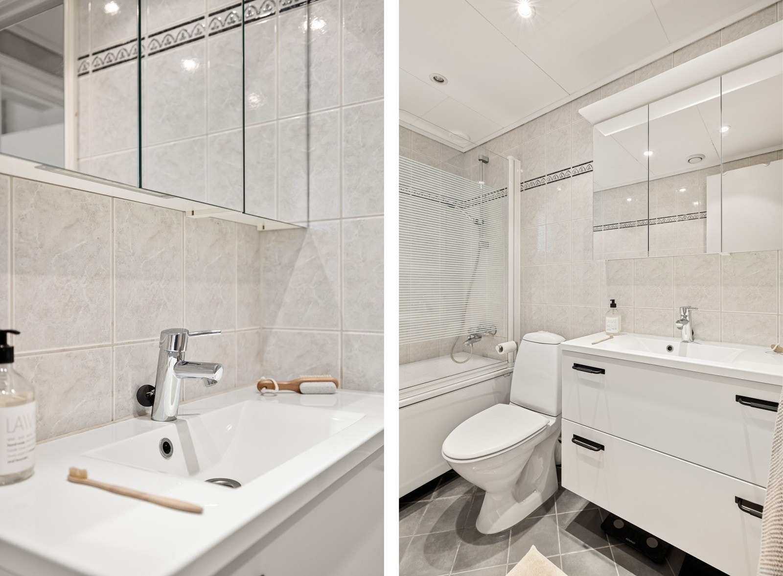 Badet er innredet med badekar med dusj, toalett og baderomsinnredning. Galleribilde