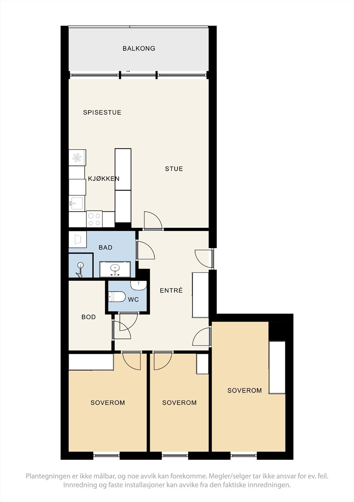 PLANTEGNING | Leiligheten har en familievennlig planløsning bestående av entre, 3 gode soverom, åpen stue-/kjøkkenløsning med adkomst til balkong, bad, separat wc og innvendig bod. Galleribilde