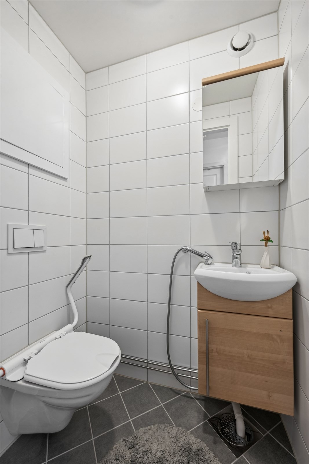 Leiligheten har separat toalettrom med vegghengt wc og servant. Galleribilde