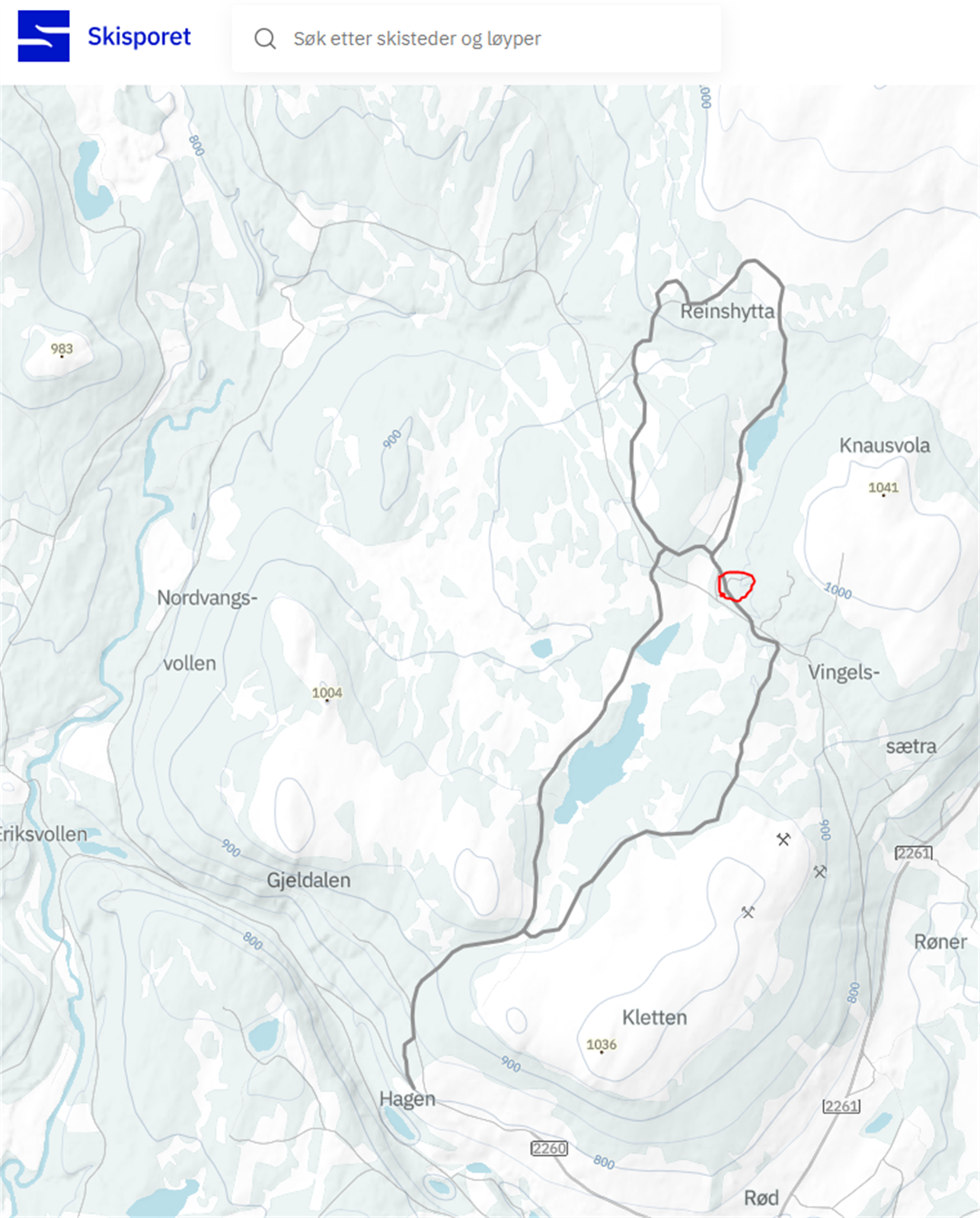 Utklipp fra Skisporet.no som viser oppkjørte skiløyper. Tomta beliggenhet er markert med rødt. Galleribilde