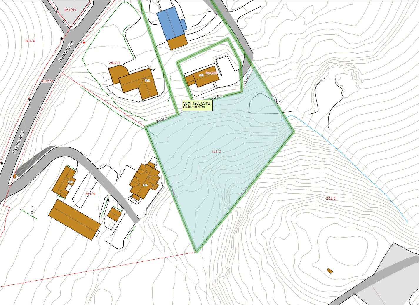 Illustrert kart over tomt som skal selges. Skissert område utgjør ca. 4 250 m². Galleribilde