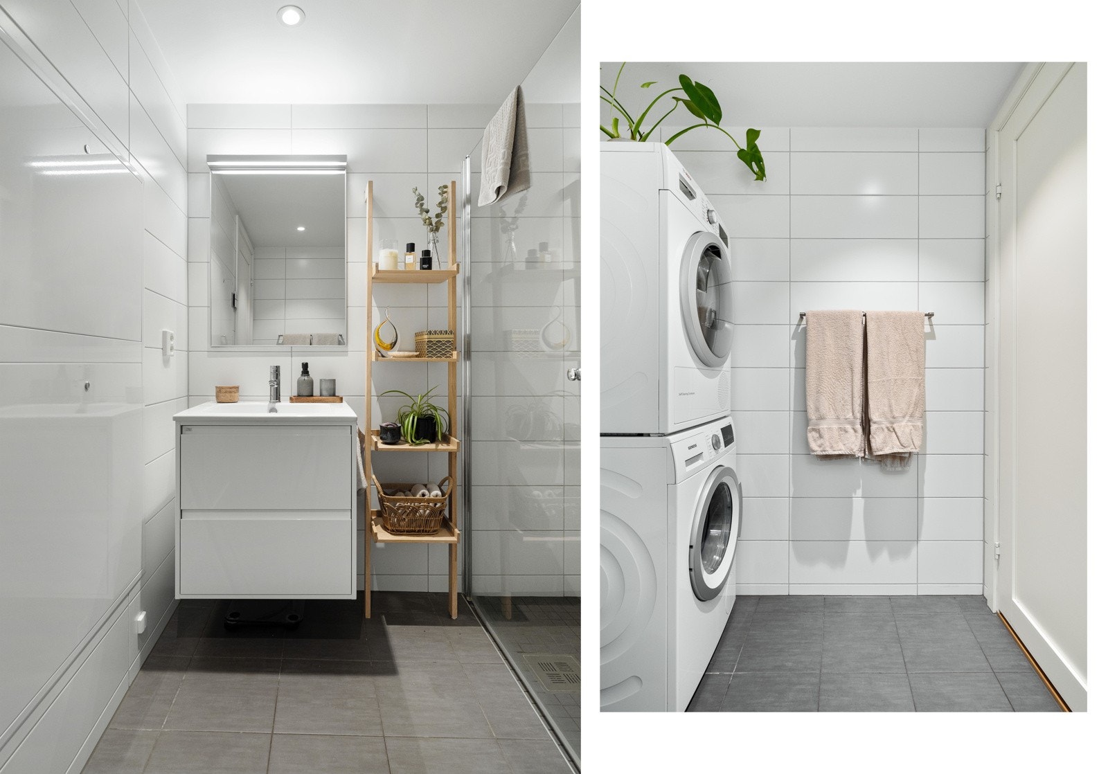 Badet er innredet med dusjhjørne, vegghengt toalett, servant med skuffinnredning og speil. Galleribilde