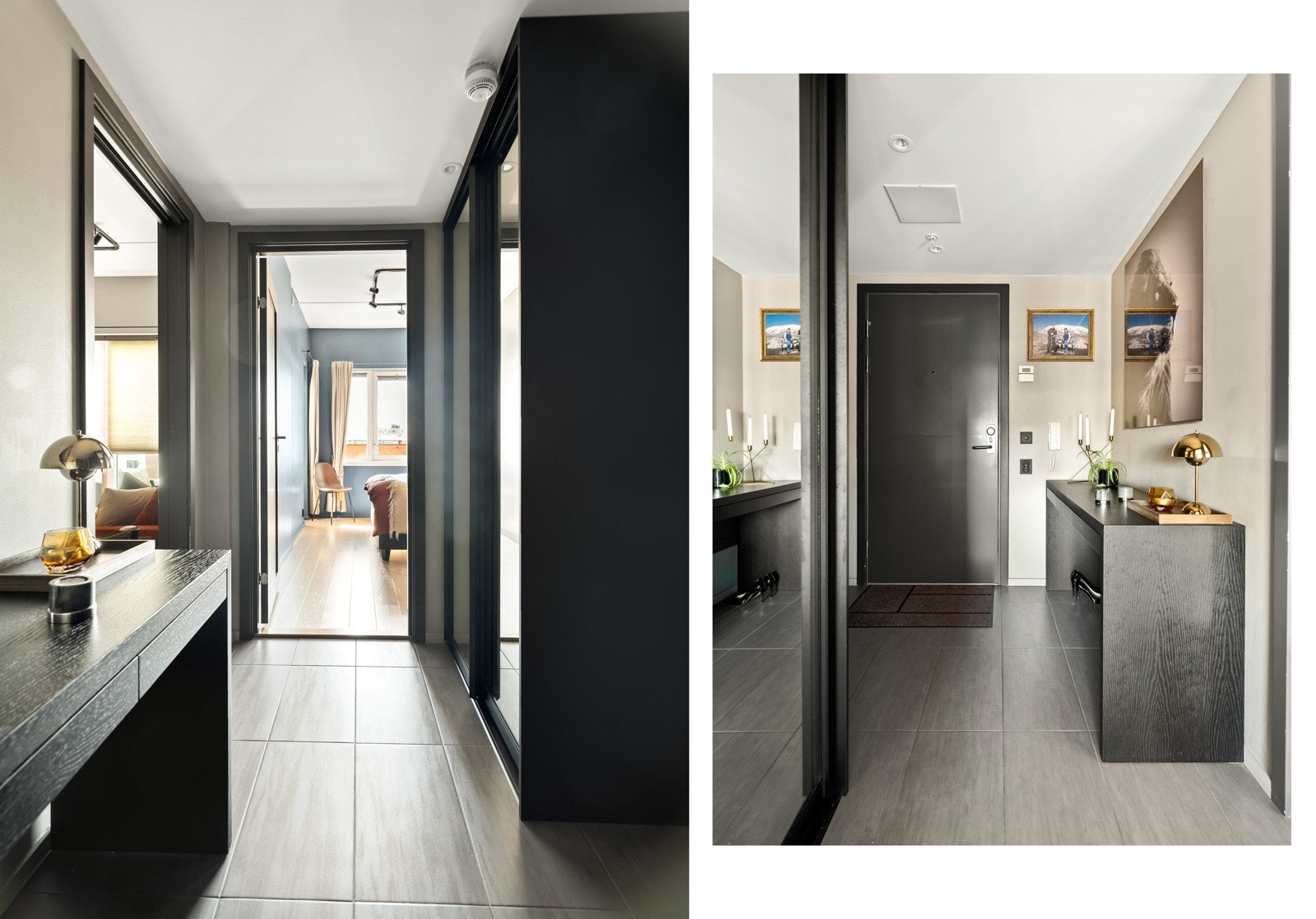 Mellomgang/entré med stor skyvedørsgarderobe og plass til konsollbord eller andre kommodeløsninger. Galleribilde