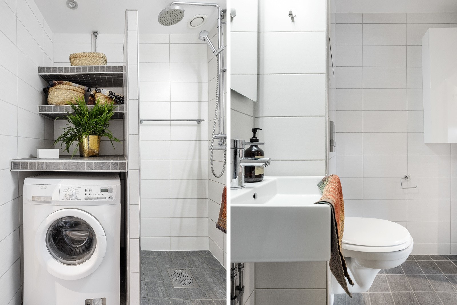 Pent flislagt baderom fra 2014-2015 med varmekabler og downlights. Badet ble rehabilitert i regi av borettslaget Galleribilde
