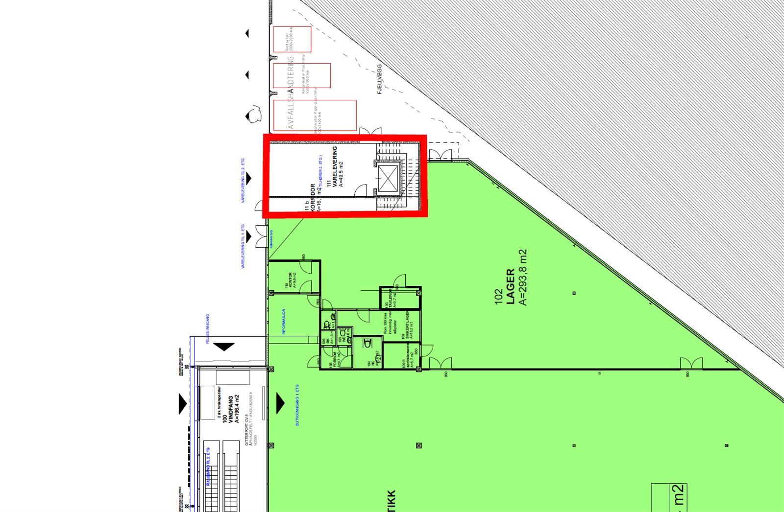 Plantegning 1. etg - Varelevering og felles inngang med rullebånd Galleribilde