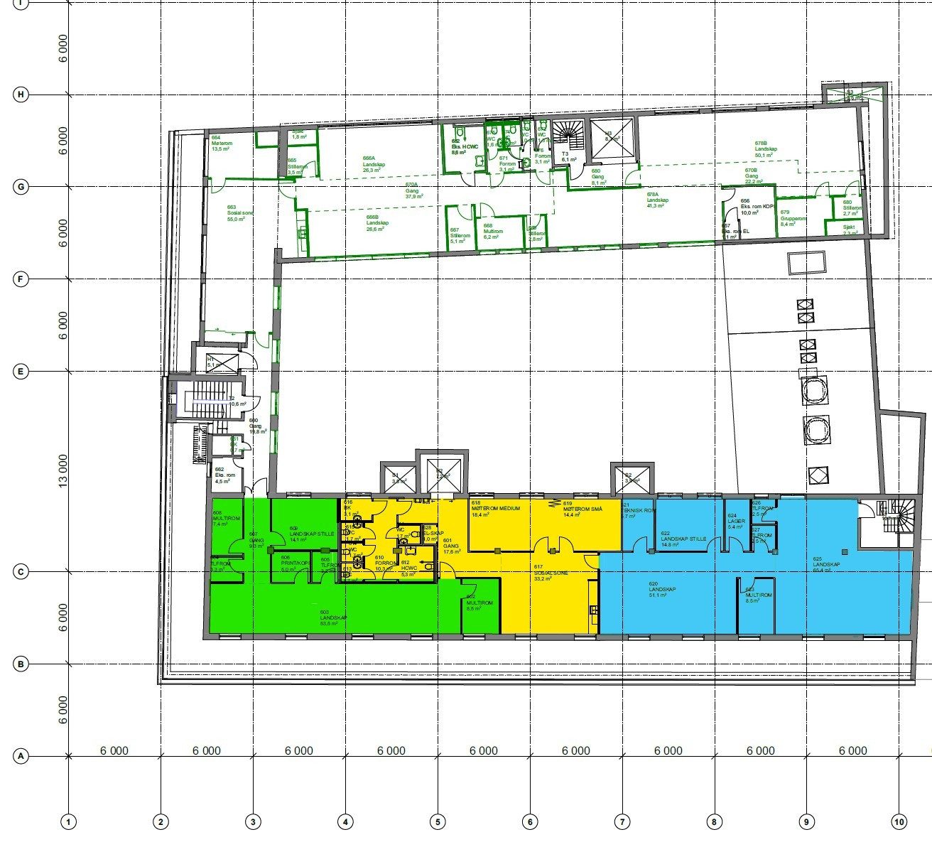 Plantegning 6. etg. Mulig å dele det ledige lokalet. Grønt areal del 1, BTA 240 m². Blått areal del 2, BTA 357 m².
