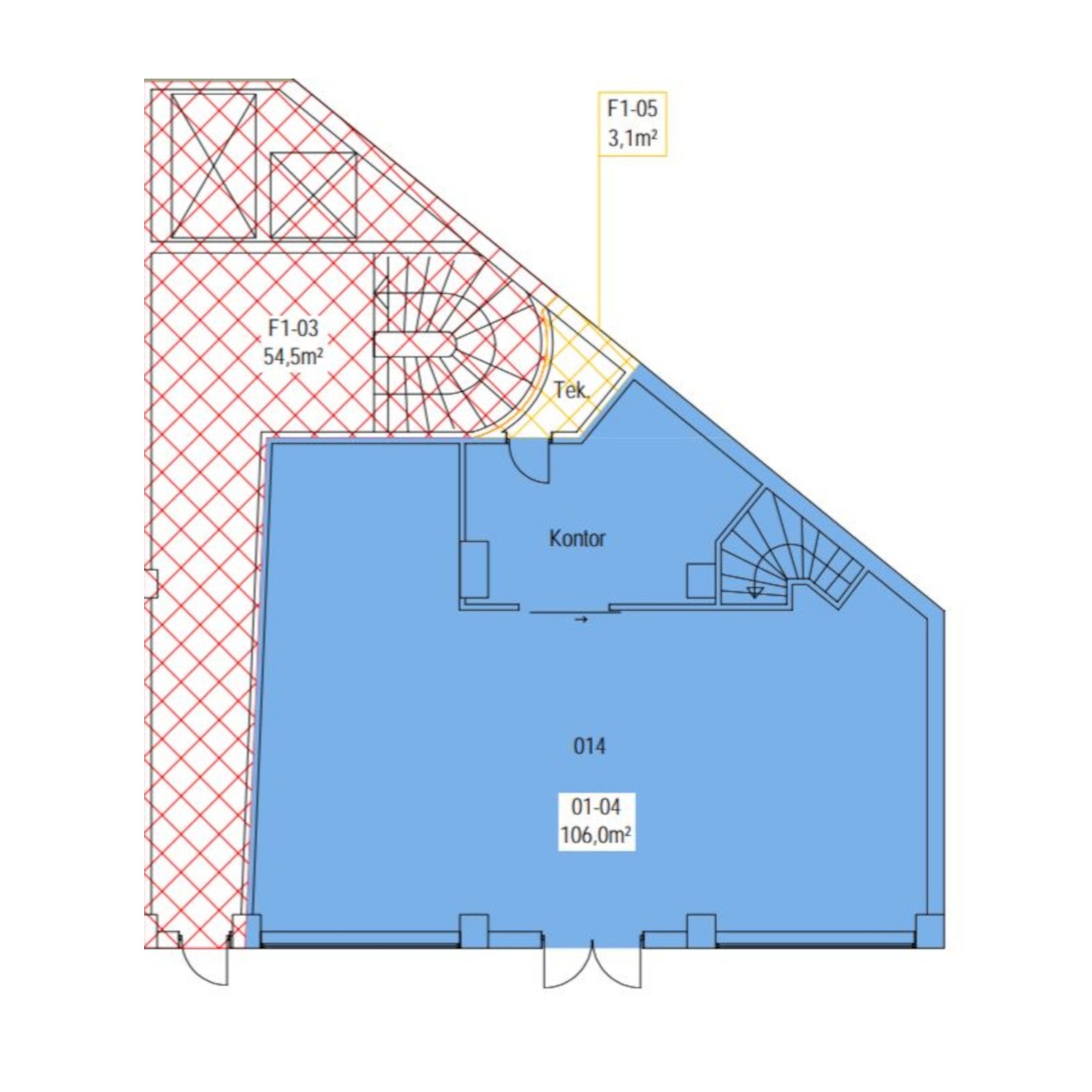 Plantegning etasje 1. - Mørkeblå områder inngår i dette leieforhold. Galleribilde