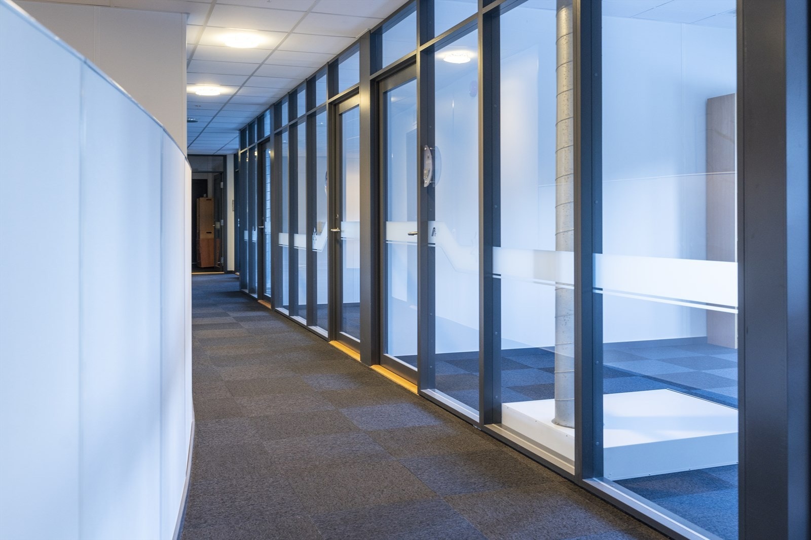 Moderne gang med store glassvinduer, gir lys og romfølelse. Lyse flater og god plass. Galleribilde