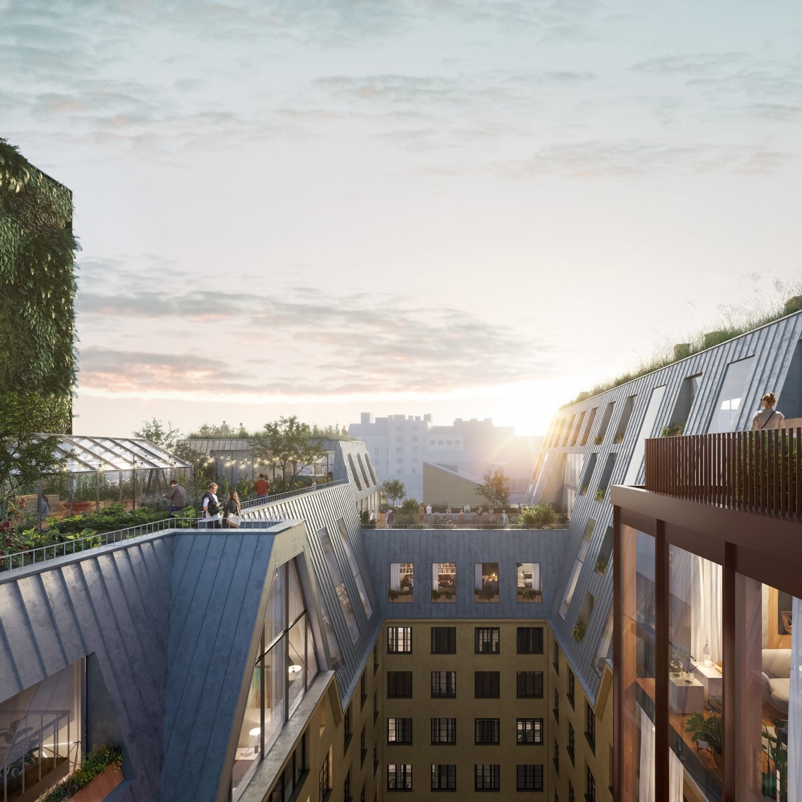 Boligene får tilgang til 3 takhager med sittegrupper og beplantning, samt fine sol/utsiktsforhold. Dette er kun ment som en illustrasjon - endringer vil forekomme. Galleribilde