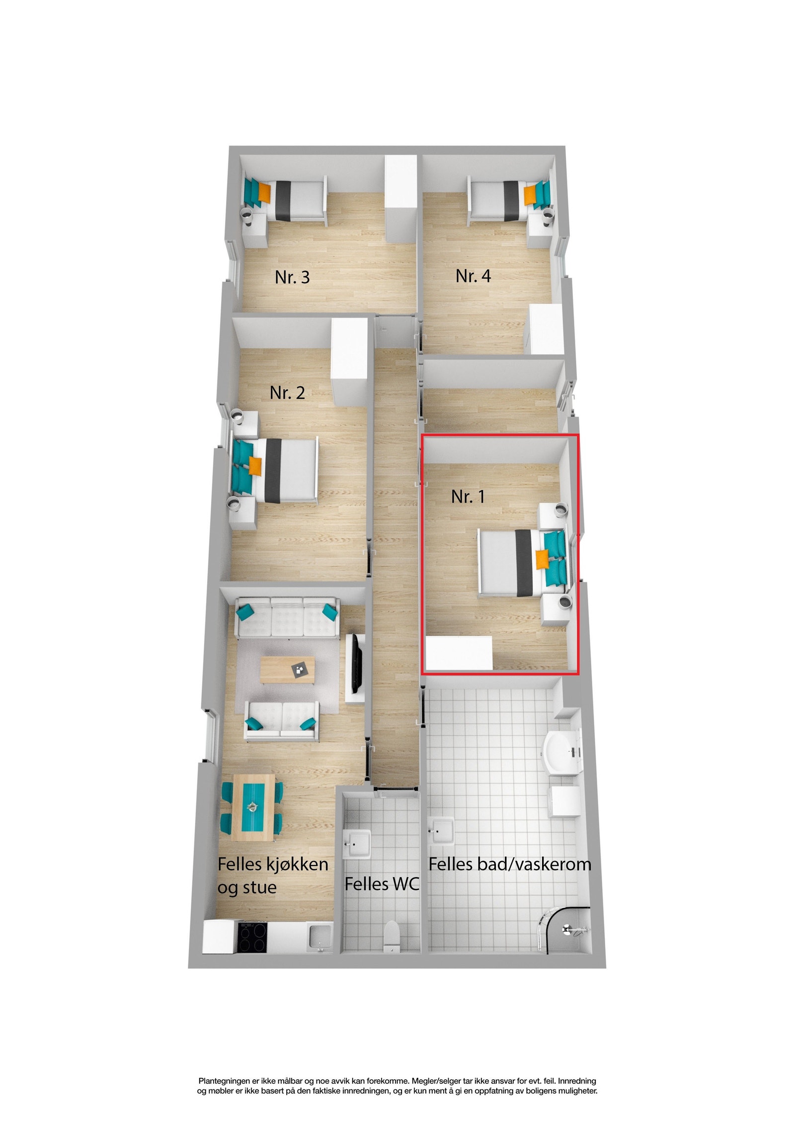 Ledig: Plantegning hybel 1 med rød markering. Se bilder for møblering. Galleribilde
