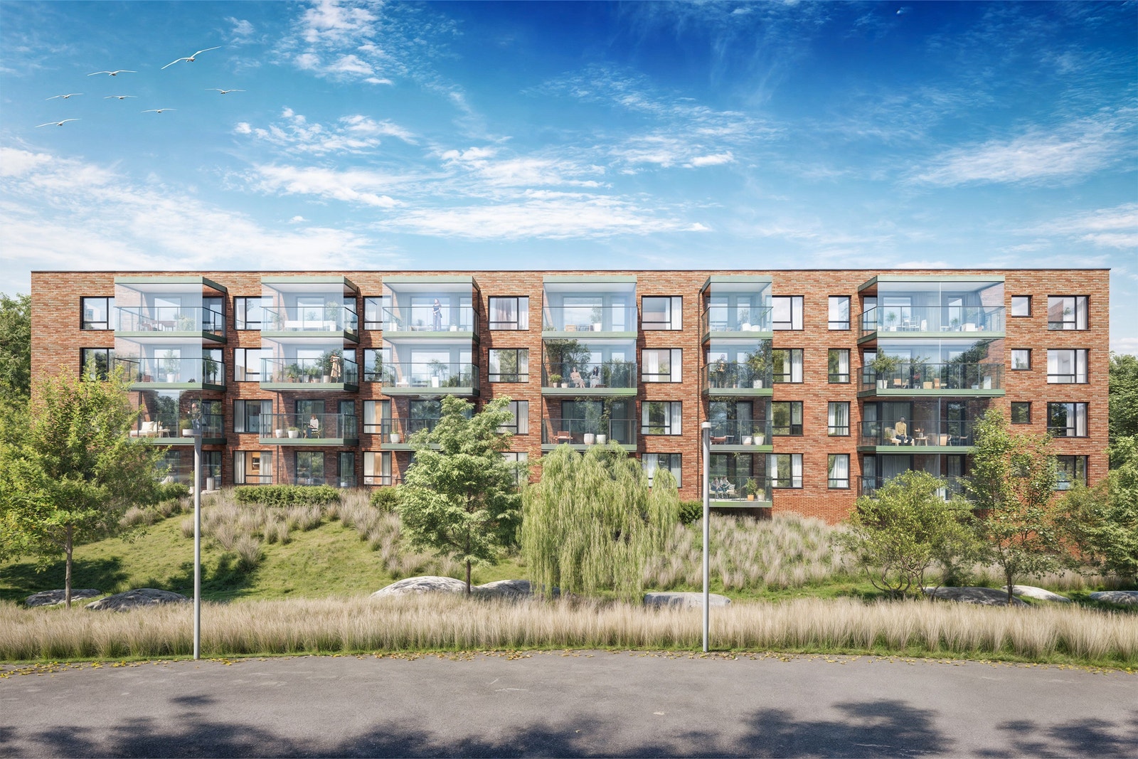 Dette er fasaden på hus 25 mot syd. Der har er det både innglassede balkonger og flotte delvis innglassede terrasser i 1. etasje Galleribilde