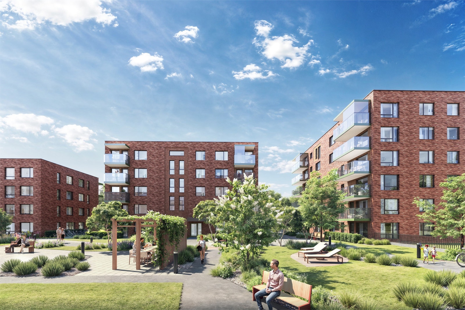 Mellom bygningene etableres en flott hage delt inn i ulike soner. Galleribilde