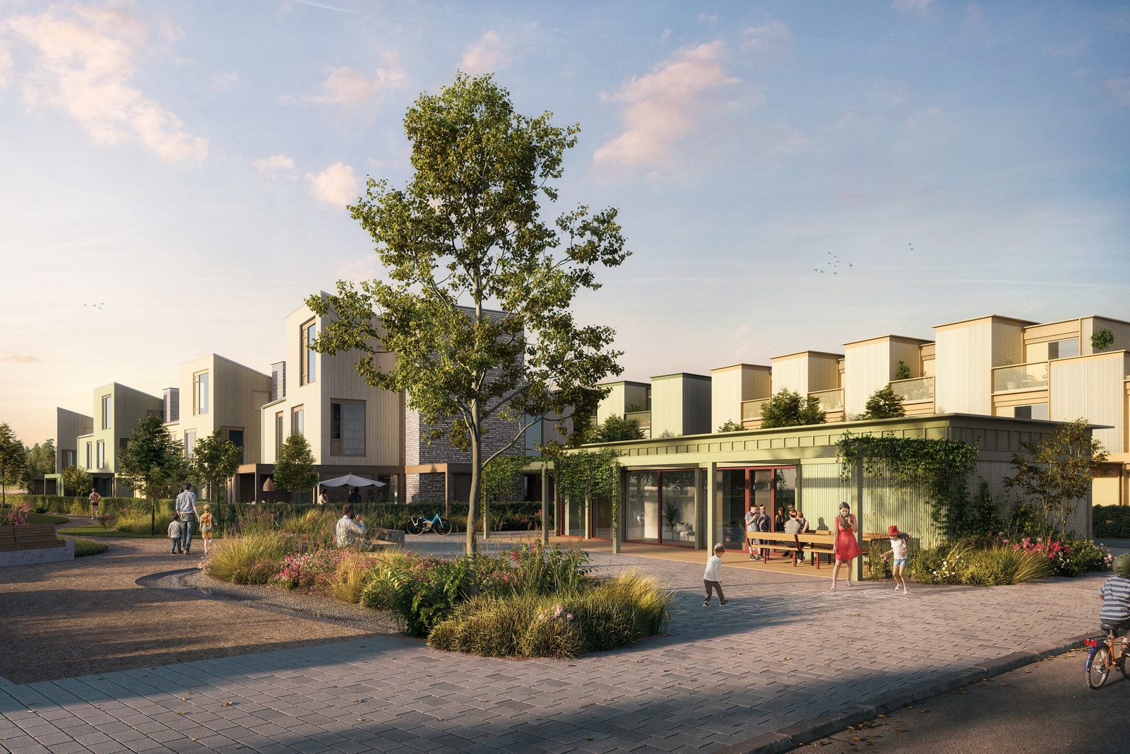 Prosjektet får en piazza med felleshus/selskapslokale. Illustrasjon. Galleribilde
