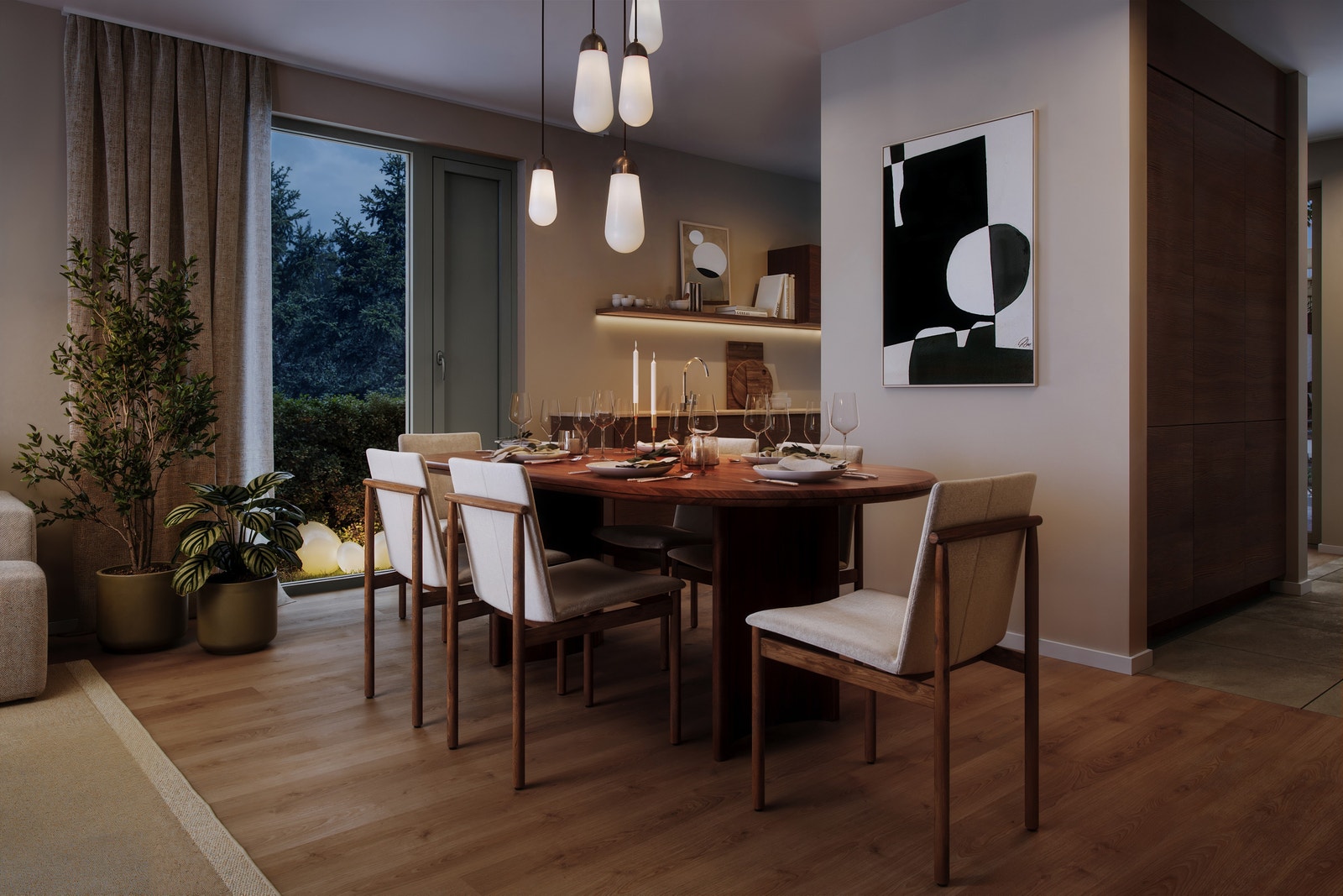 Oppholdssone med flere møbleringsmuligheter. Illustrasjon fra rekkehus over 2 plan. Galleribilde