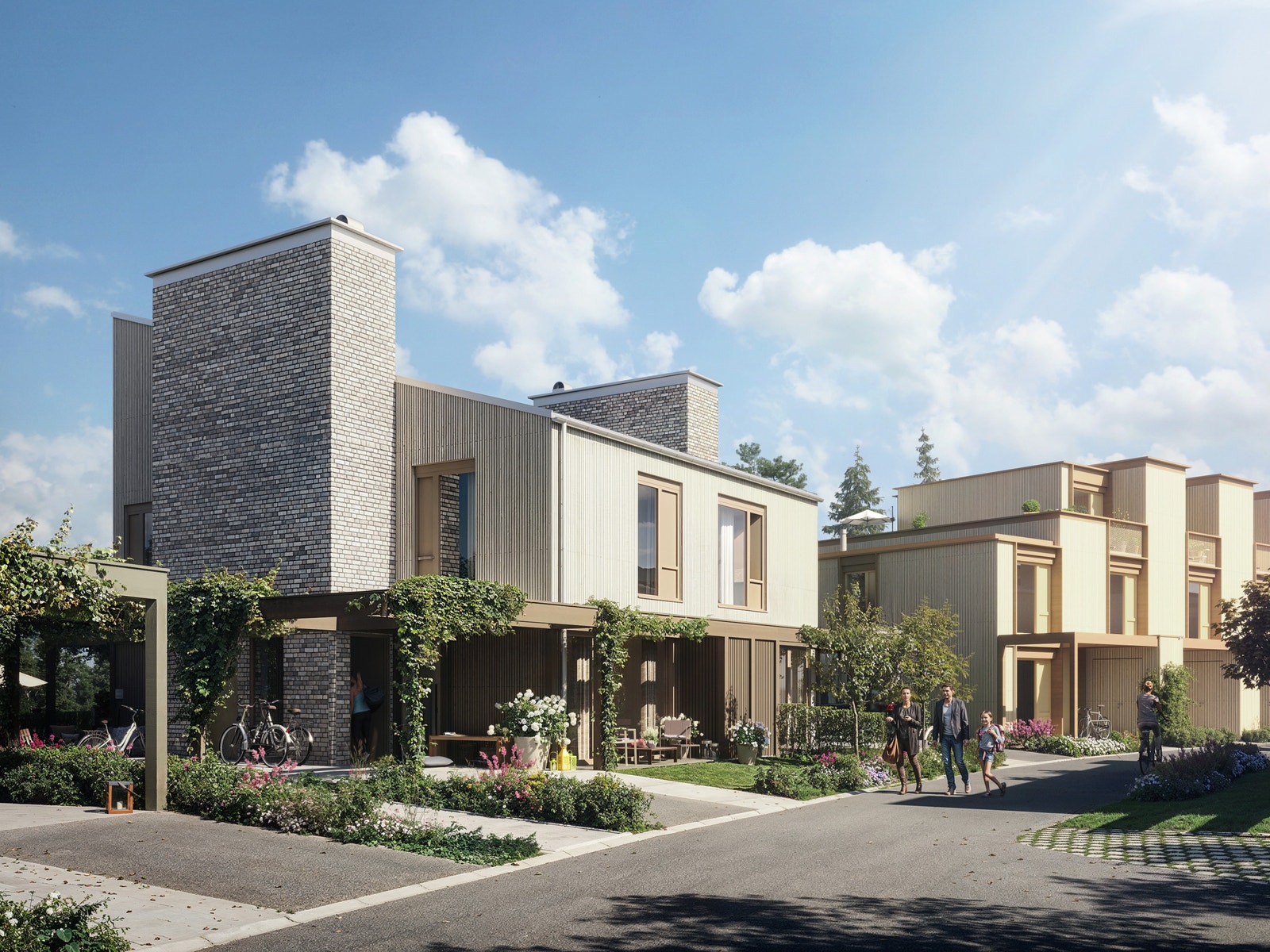 Moderne fasader med innslag av teglstein. Biloppstillingsplass til hver bolig. Illustrasjon. Galleribilde